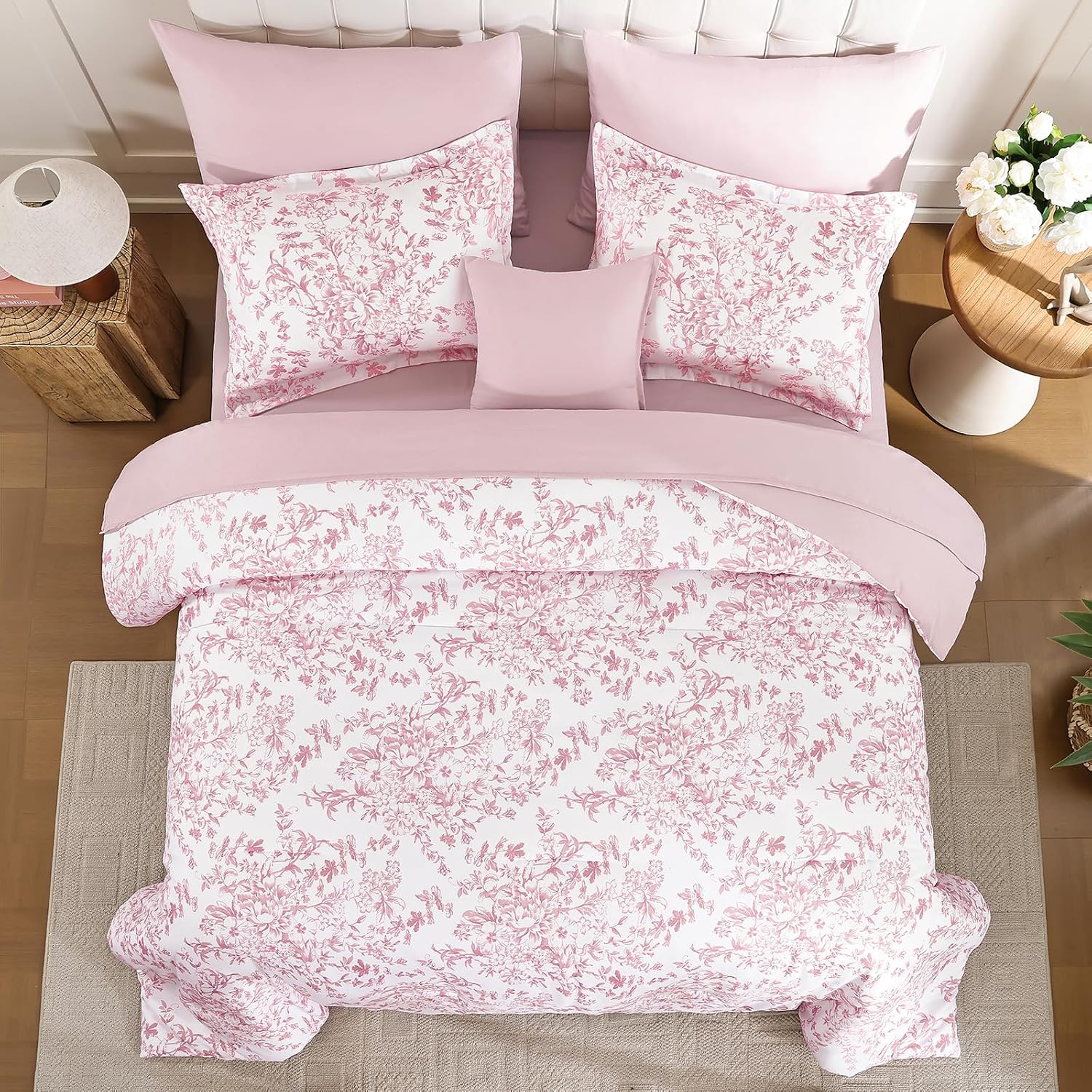 WONGS BEDDING Queen Size Comforter Set, 8 Pieces Pink Floral Bed in a Bag Comferter Sets, Botanical Print Soft Fluffy Microfiber Complete Bedding Sets for All Season (90"x90") - Image 3