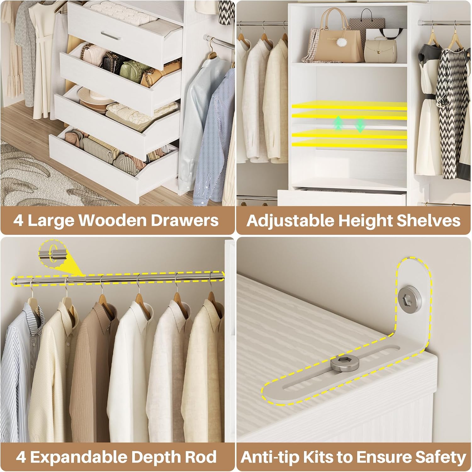 Aheaplus Closet System, 4-9Ft Closet Organizer with 4 Wooden Drawers, White - Image 3