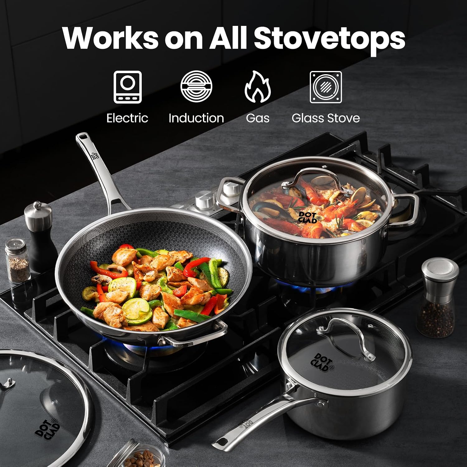DOTCLAD Wok pan,Hybrid 12 inch Wok with Lid, PFOA Free Cookware,non stick Stainless Steel Woks & Stir-fry pans Nonstick, Dishwasher and Oven Safe, Works on Induction - Image 2