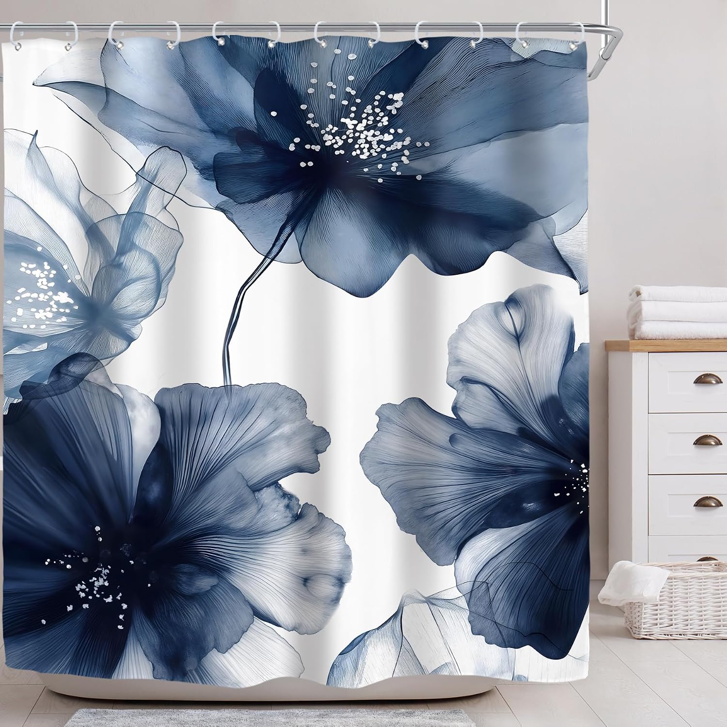 Navy Blue Floral Flower Ombre Modern Watercolor Bathroom Shower Curtain Set - Image 2