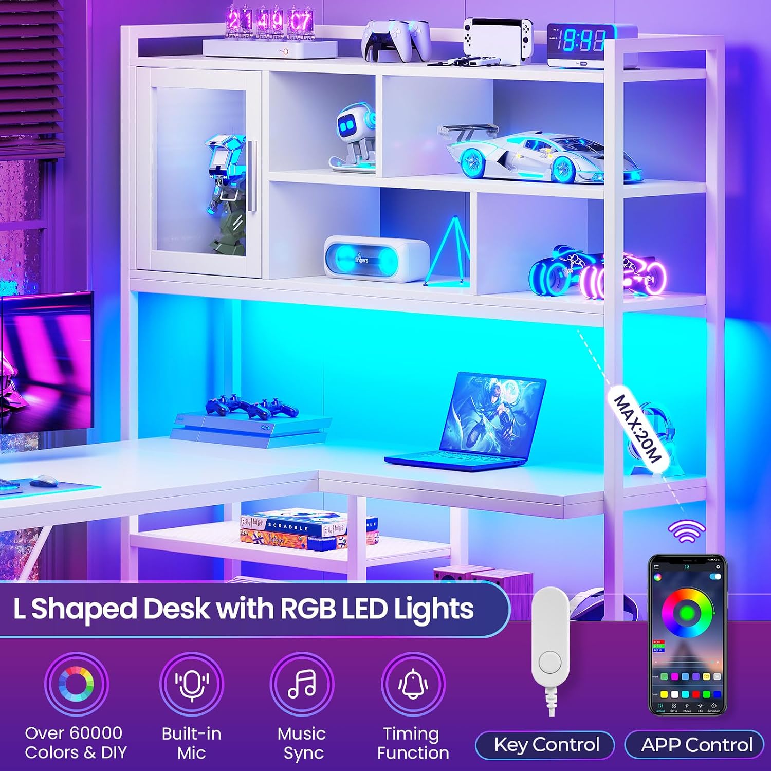 SEDETA L Shaped Computer Desk with Storage Shelves and Bookshelf, White - Image 9