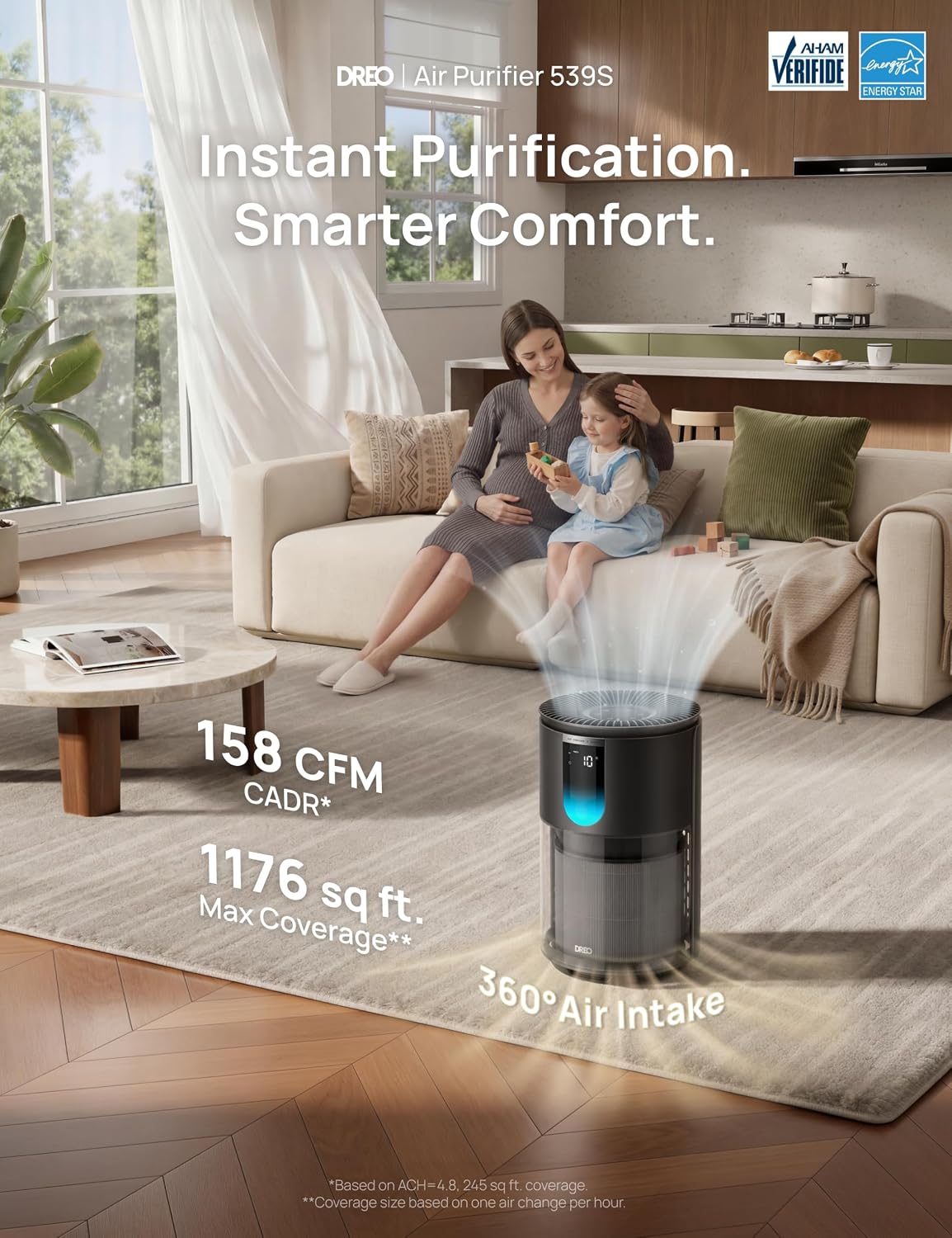 DREO Smart Air Purifier for Home, Up to 1176 ft², HEPA Sleep Mode, Air Cleaner for Large Rooms & Bedrooms, Wi-Fi/Voice/Alexa, Pets, Smoke, Dust, Pollen & Odors, PM2.5 Monitor, DR-HAP009S (Dreo 539S) - Image 3