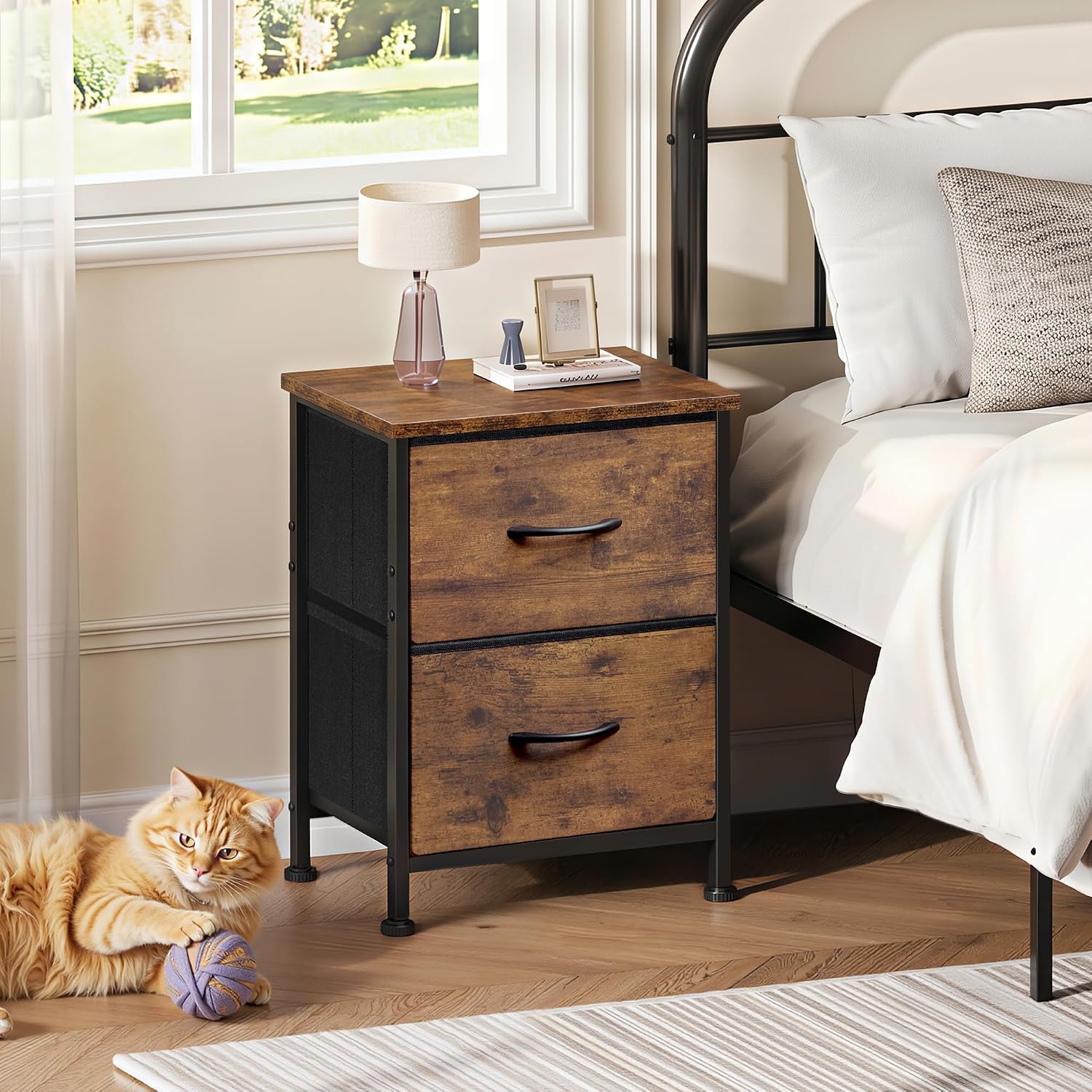 WLIVE Night Stand, Small Dresser with 2 Drawers & Wooden Top, Nightstand with Fabric Bins, Bedside Table End Table for Bedroom, Closet, Entryway, College Dorm, Rustic Brown - Image 2