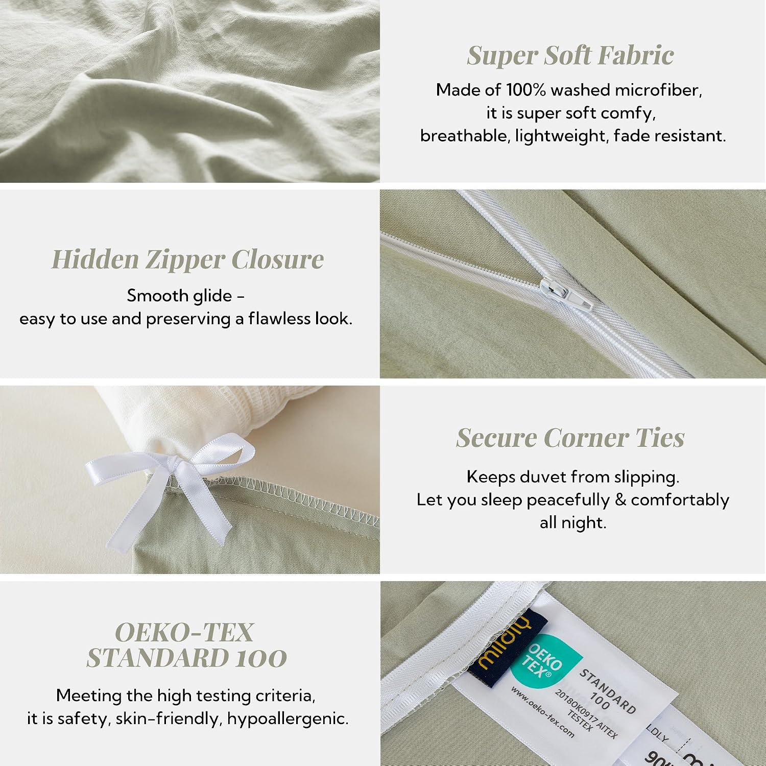MILDLY Duvet Cover Queen Ultra Soft Comforter Cover Set 3pcs, Mist Sage - Image 5