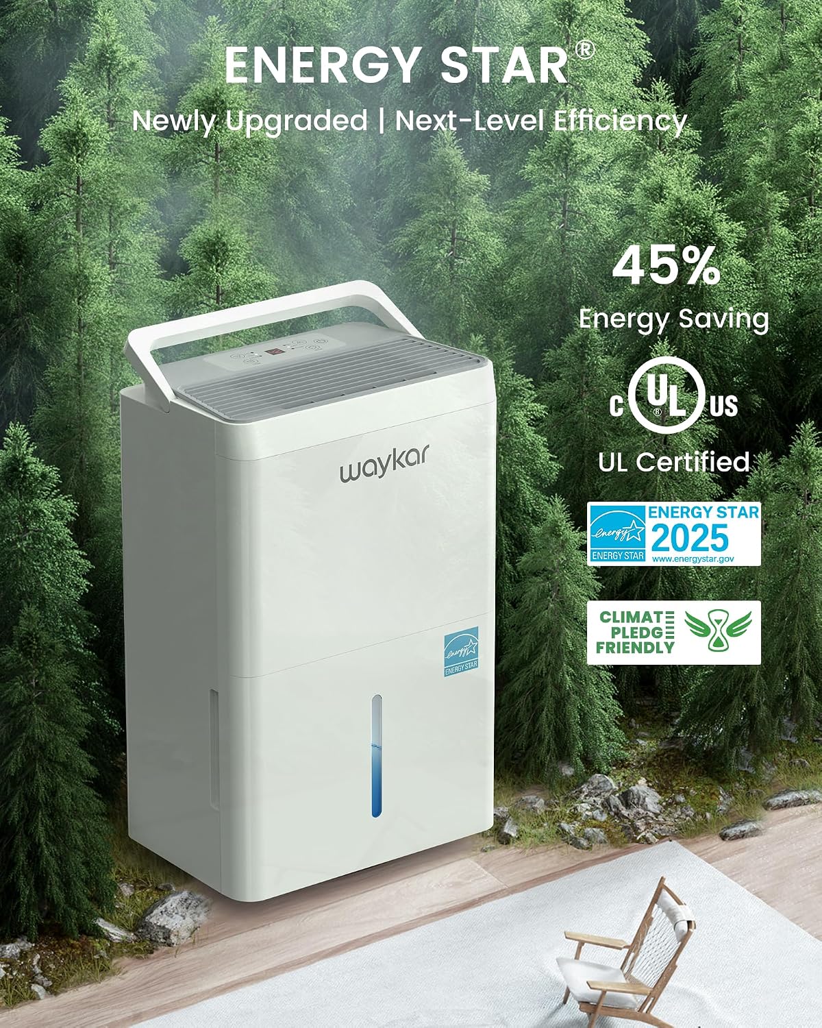 Waykar 150 Pint 2025 Energy Star Dehumidifier with Pump for Large Rooms up to 7,000 Sq. Ft. for Home, Basement, Commercial, Industrial, with Drain Hose & Tank, Auto Defrost, Smart Auto Comfort Mode - Image 3