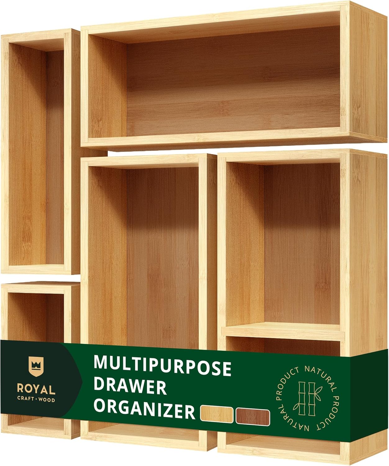 ROYAL CRAFT WOOD 5-Piece Bamboo Drawer Organizer Set – Multi-Use Storage Trays for Kitchen, Bathroom, Office, Makeup, Jewelry & More – Junk Drawer Tray, Utensil Holder, Storage Box & Bin Set (5 Boxes)