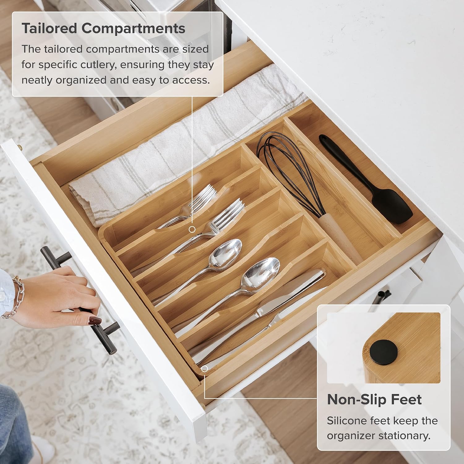 KitchenEdge Silverware & Utensil Organizer, Fixed 10.5 in, Bamboo - Image 6
