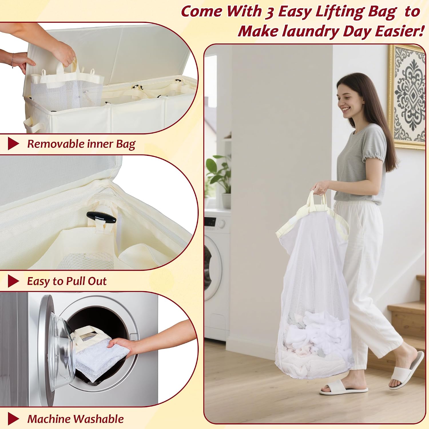 195L Laundry Hamper 3 Section,Large Laundry Hamper with Lid,Dirty Clothes Hamper with 3 Inner Bags,Collapsible Laundry Basket Organizer for Laundry Room,Bedroom,Laundry Sorter Hamper 3 Compartment - Image 6