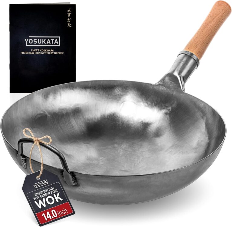 YOSUKATA 14” Silver Carbon Steel Wok with Round Bottom