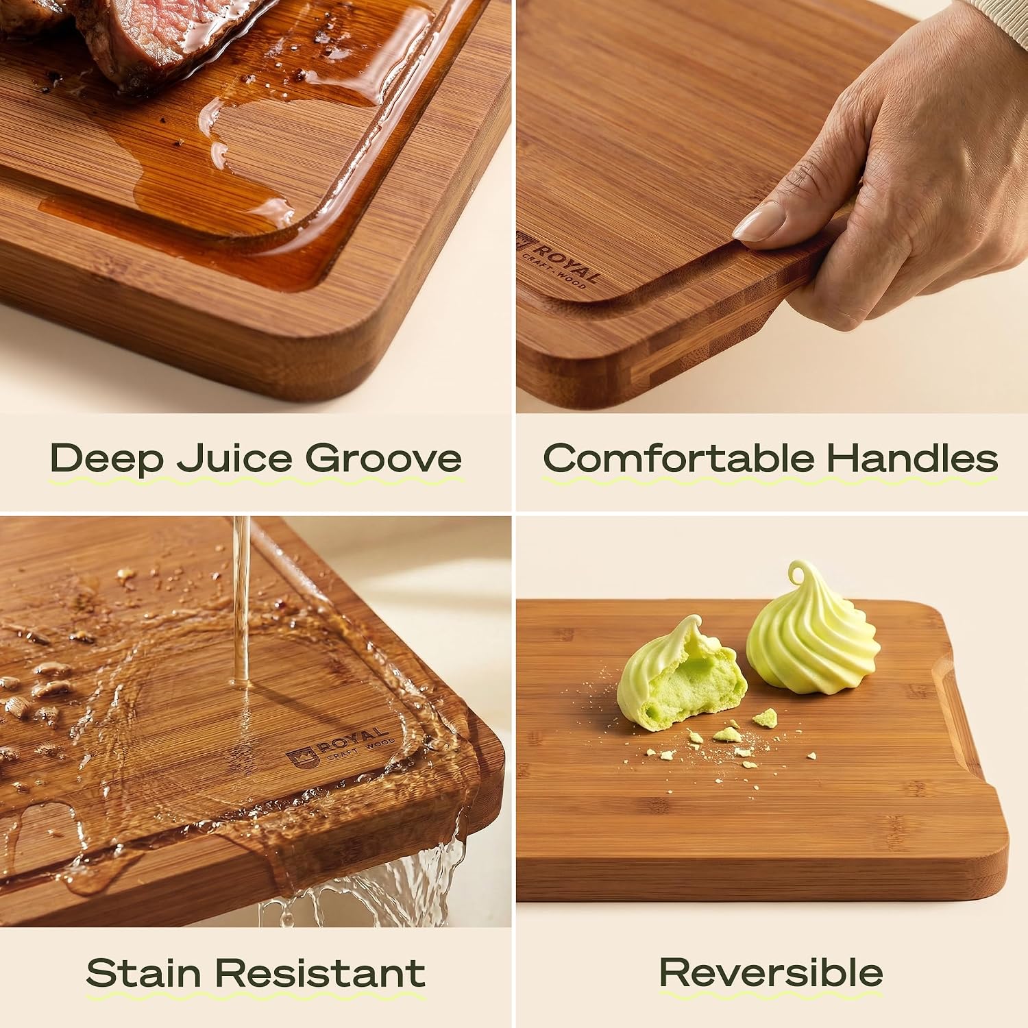 ROYAL CRAFT WOOD Wooden Cutting Boards for Kitchen Meal Prep & Serving - Bamboo Non Toxic Cutting Board Set with Deep Juice Groove Side Handles - Charcuterie & Chopping Butcher Block for Meat (3 Pcs) - Image 4