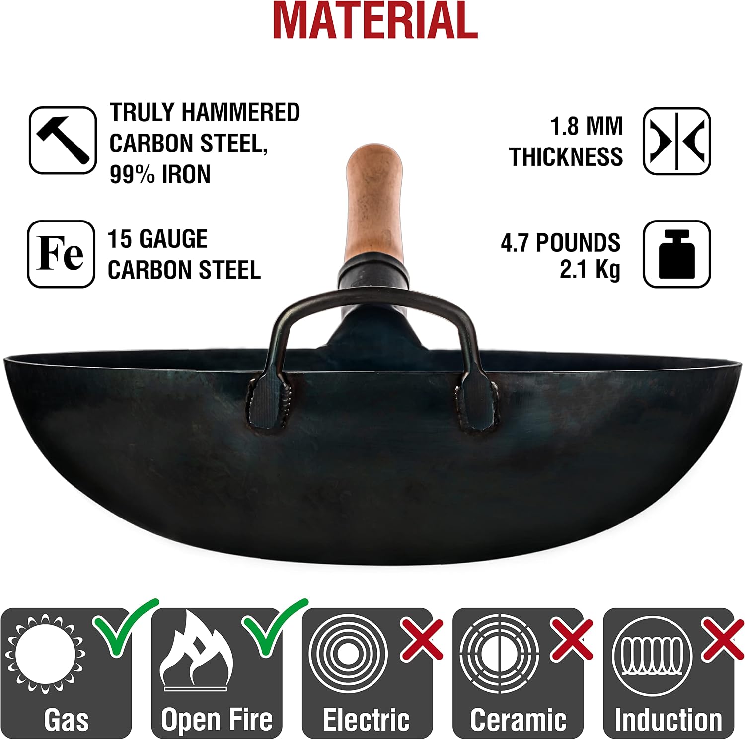 YOSUKATA 14” Blue Carbon Steel Wok with Round Bottom - Image 5