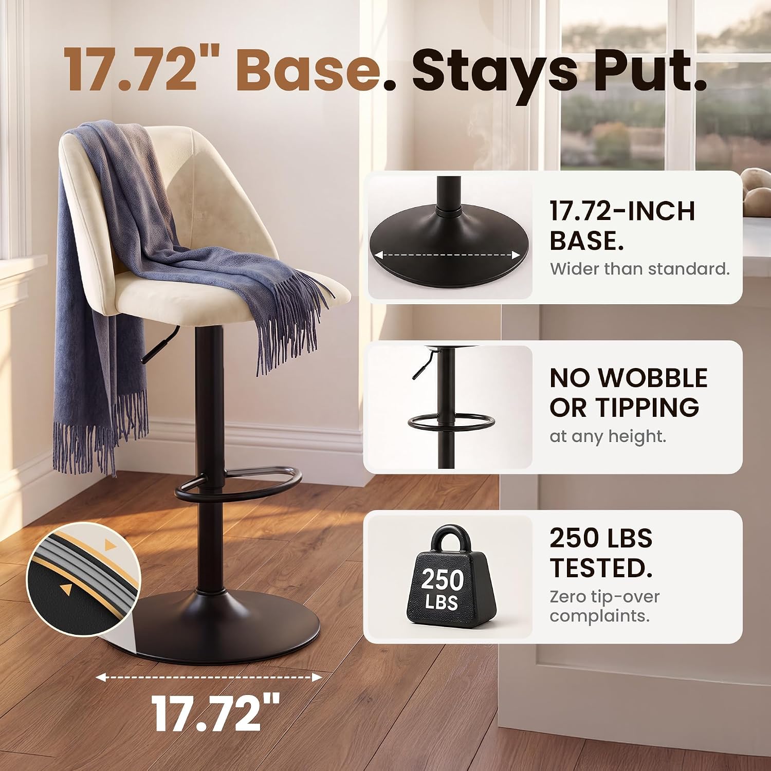 COLAMY Adjustable Upholstered Bar Stools Set of 3,360° Swivel Counter Height Chairs with Soft Cushioned Seat & Stable Metal Base for Kitchen Island,250 LBS Capacity,Easy Assembly,Beige - Image 3