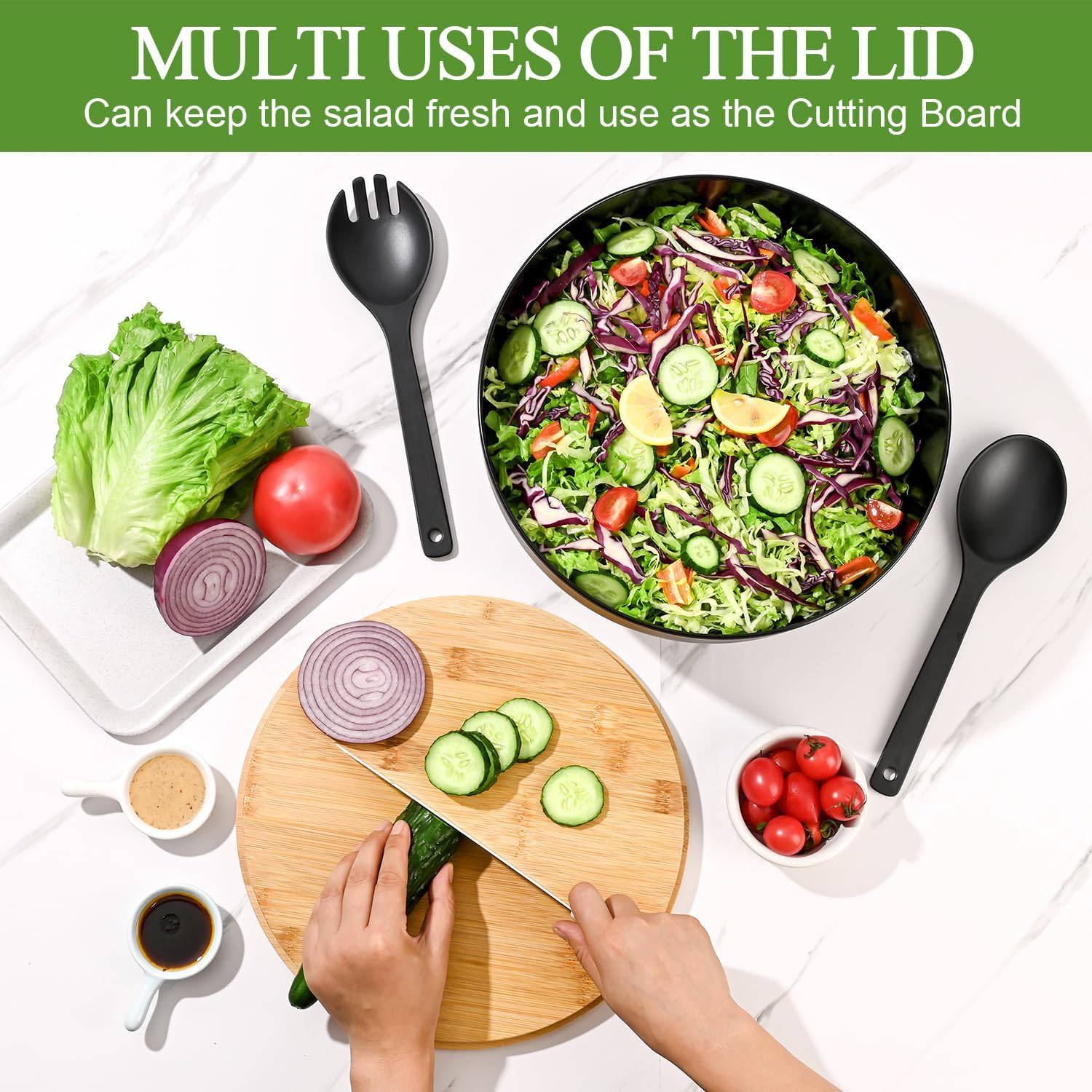 LOVYANXUE Salad Bowl with Lid, 12" Extra Large Bamboo Fiber Salad Bowl with Servers Set for Kitchen, Nature Bamboo Mixing and Serving Bowl with Lid, Spoon and Fork for Fruits,Salads and Vegetables - Image 3