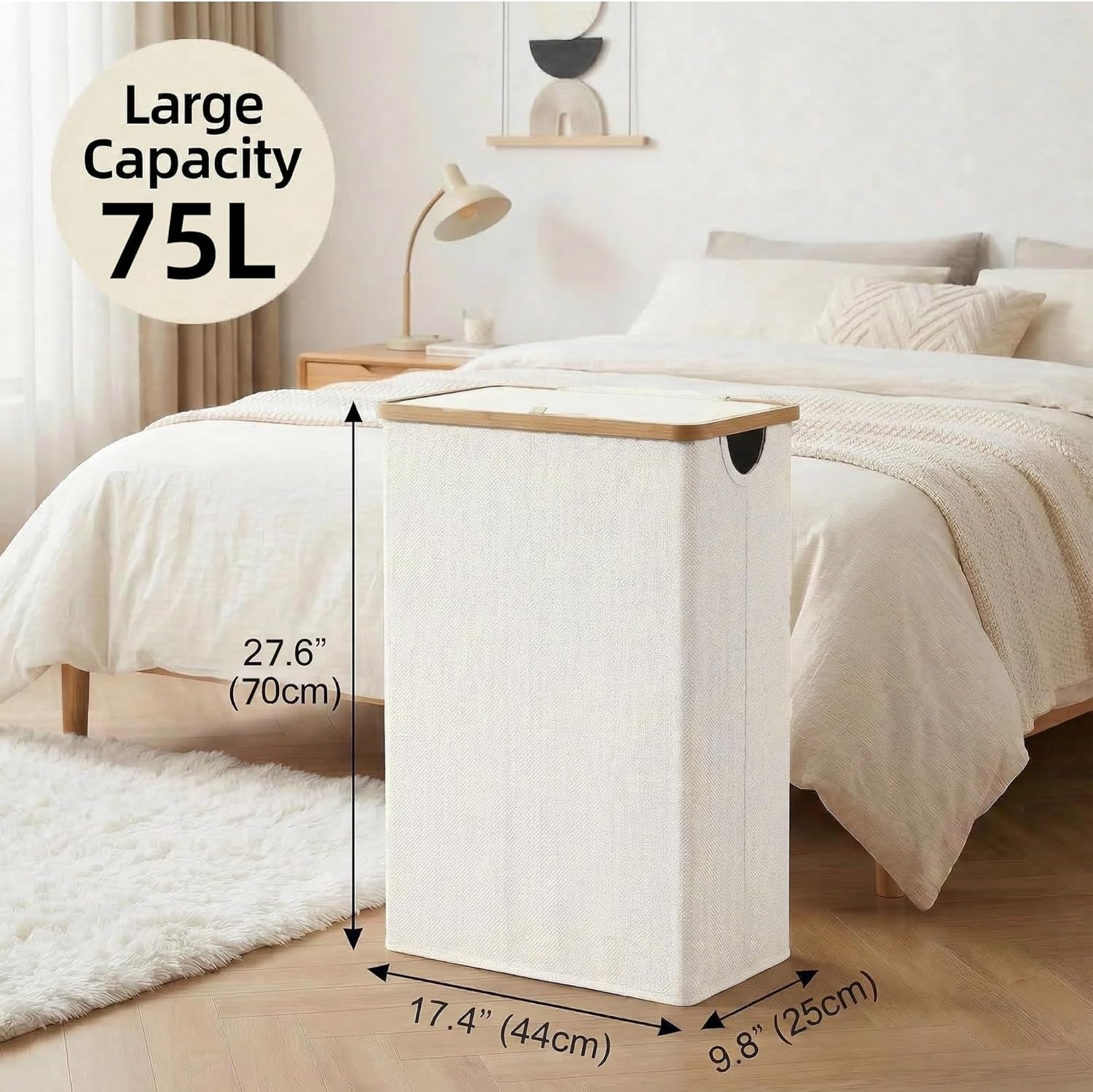 efluky Slim Laundry Basket with Lid, Narrow Laundry Hamper with Removable Bag, Skinny Dirty Clothes Basket with Bamboo Handles for Bathroom, Bedroom & Laundry Room, 75L Beige - Image 3