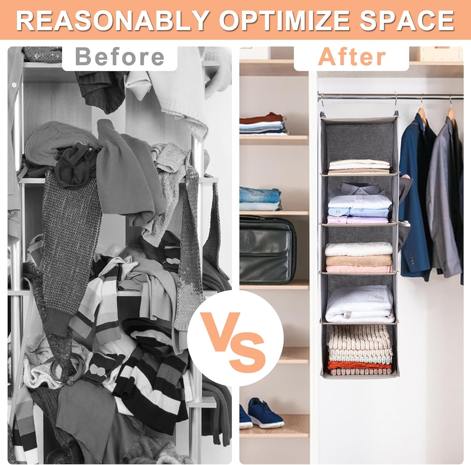 BOOMIBOO Hanging Closet Organize and Shelves,5-Hanging Shelf with 2 Side Pockets,Storage Foldable (Grey) - Image 6