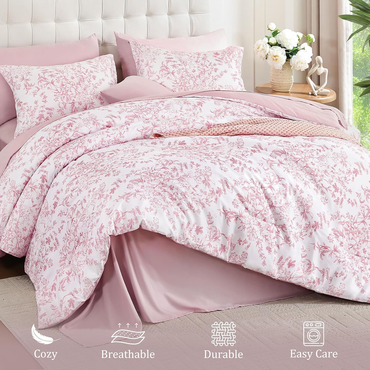 WONGS BEDDING Queen Size Comforter Set, 8 Pieces Pink Floral Bed in a Bag Comferter Sets, Botanical Print Soft Fluffy Microfiber Complete Bedding Sets for All Season (90"x90") - Image 4