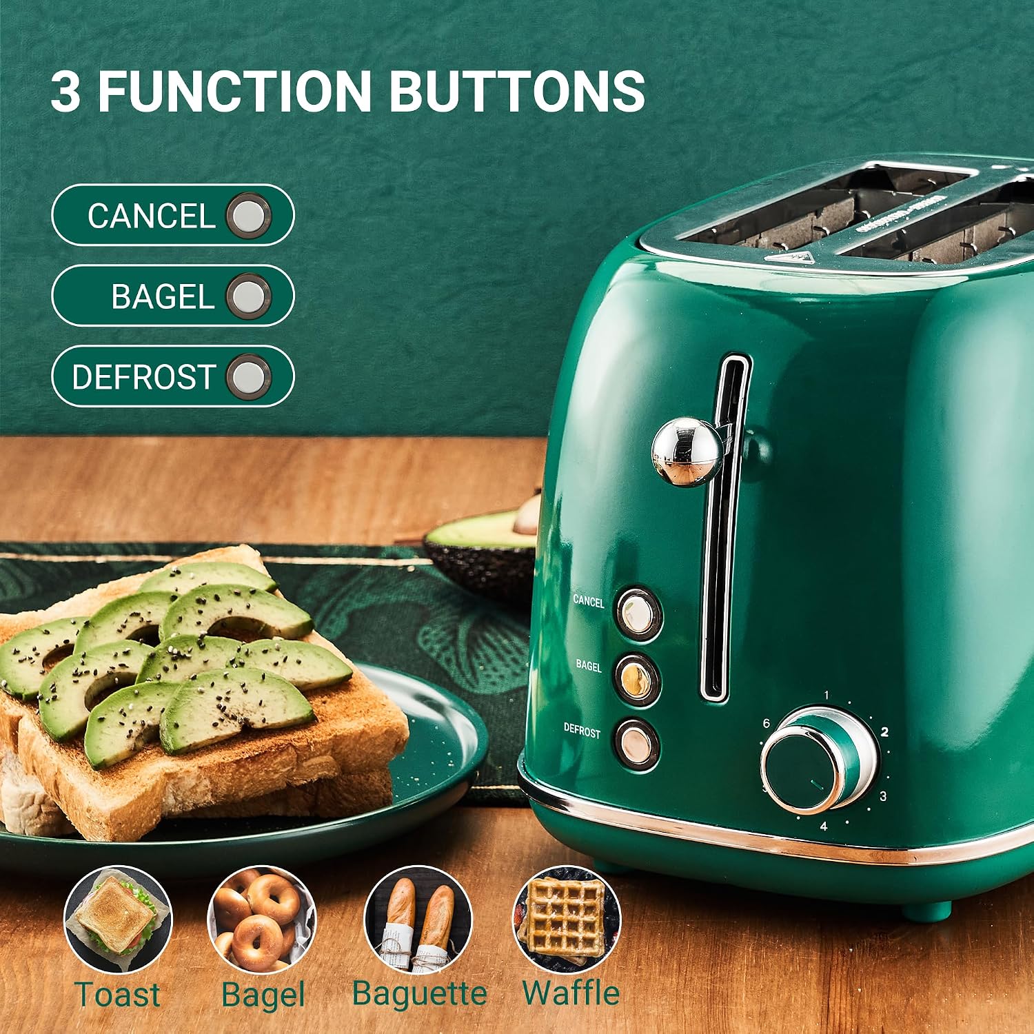 Roter Mond 2 Slice Toaster Retro Stainless Steel with Bagel, Cancel, and Defrost Functions, 6 Bread Shade Settings, Extra Wide Slots and Removable Crumb Tray, Green - Image 6