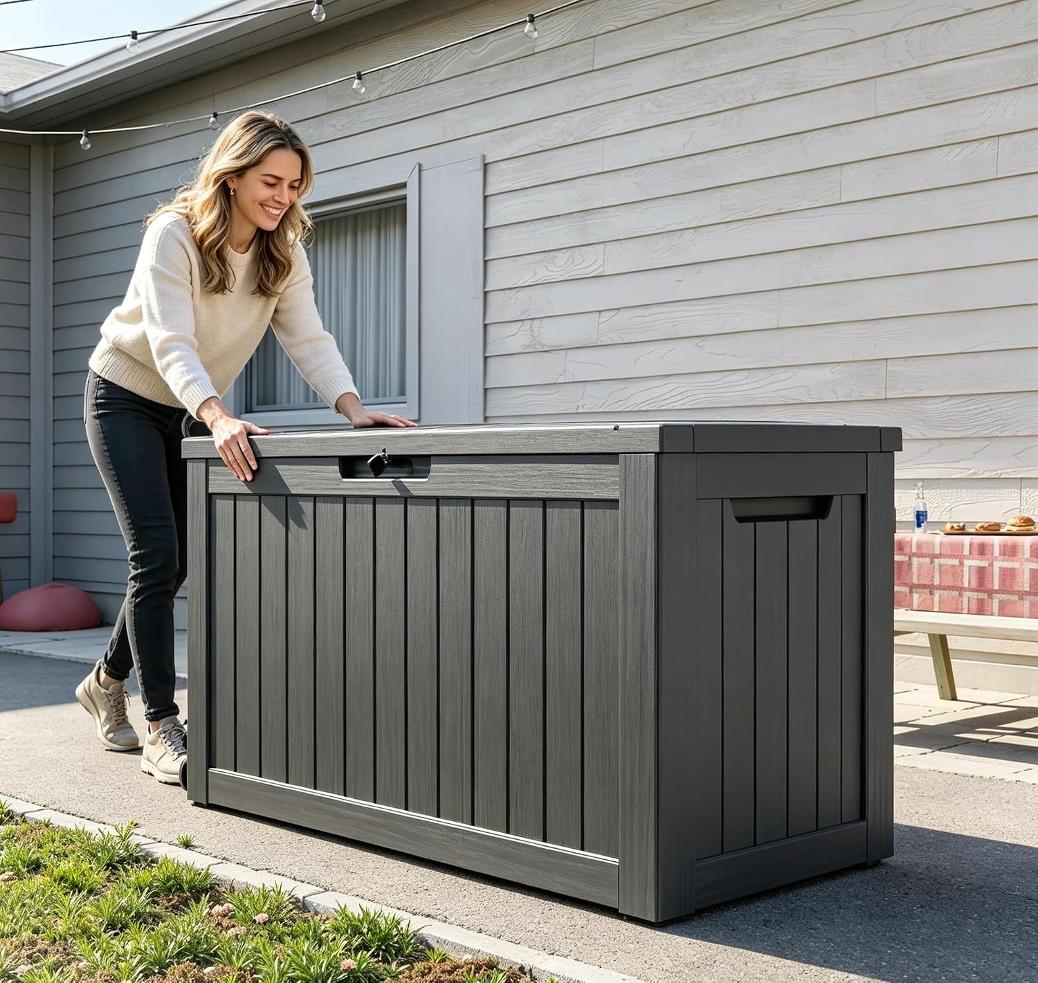 LAUSAINT HOME 230 Gallon Resin Deck Box, Package Delivery Box with Lockable Lid, Waterproof Outdoor Storage Box For Garden Tools, Patio Cushions(230 Gallon,Black) - Image 8