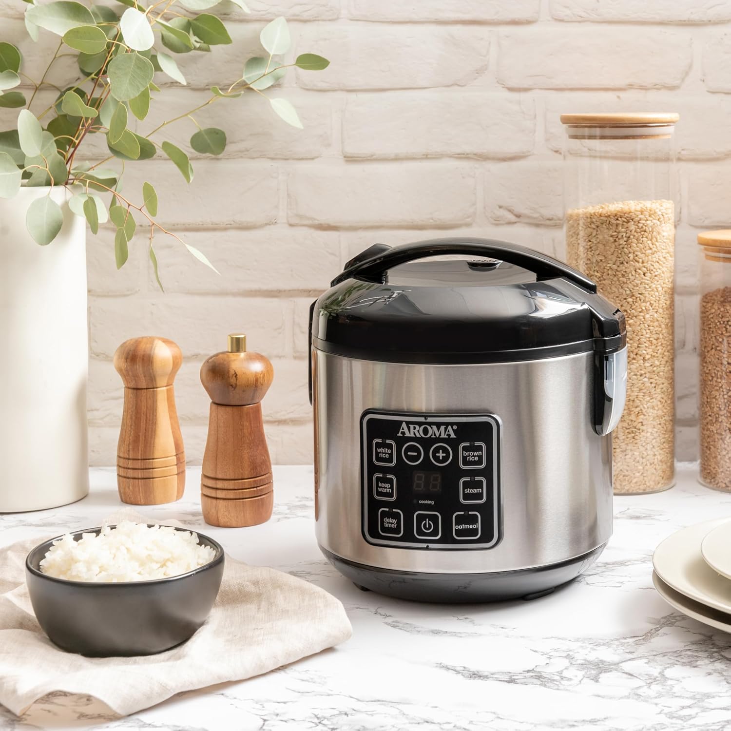 AROMA® 8-Cup (Cooked) / 2 Qt. Digital Rice & Grain Multicooker, Durable Nonstick Inner Pot, Oatmeal, Steam, White & Brown Rice, Keep Warm - Image 7