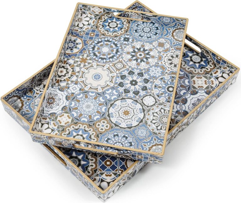 AGIOTA 2 Pcs Serving Tray with Handles Bohemian Decorative Tray Large Ottoman Trays for Living Room Blue Coffee Table Trays for Breakfast