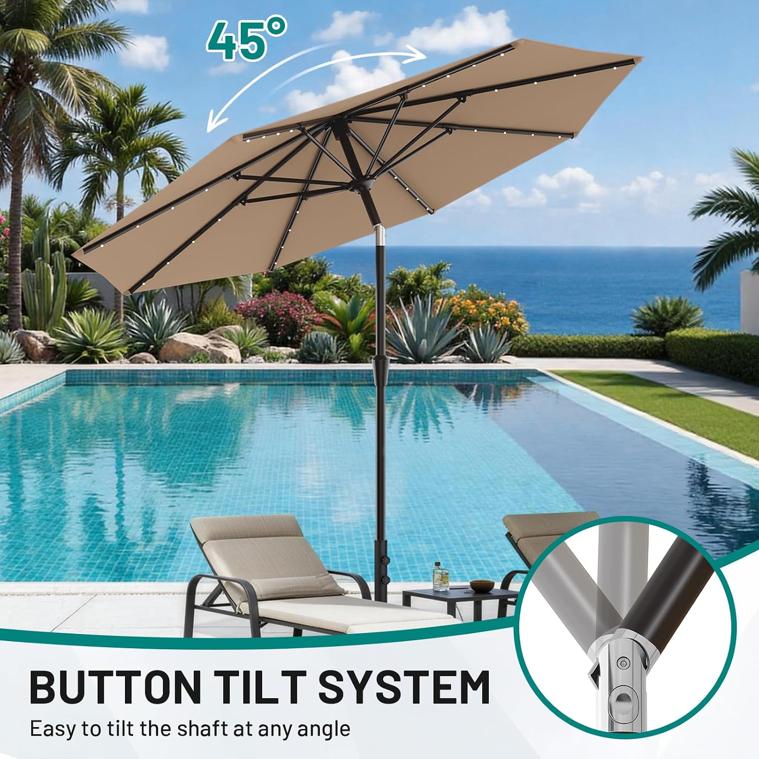 AreShark 9FT Patio Umbrella with Solar Lights, 32 Lighted Pool Umbrella w/Tilt and Crank, Outdoor Market Solar Umbrellas for Garden, Deck, Backyard, Pool and Beach, Beige - Image 3