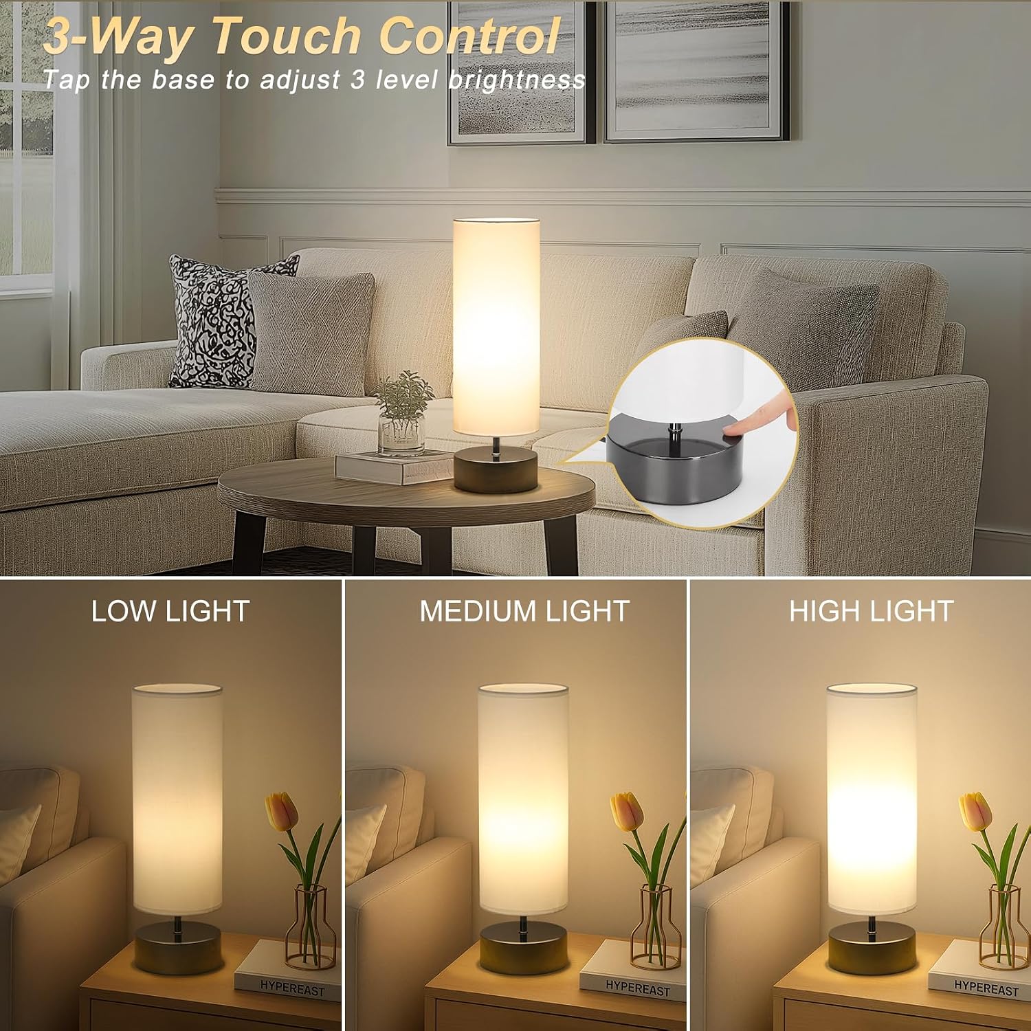 Touch Table Lamp, 3-Way Dimmable Bedside Lamp with Cylinder Fabric Shade - Image 3