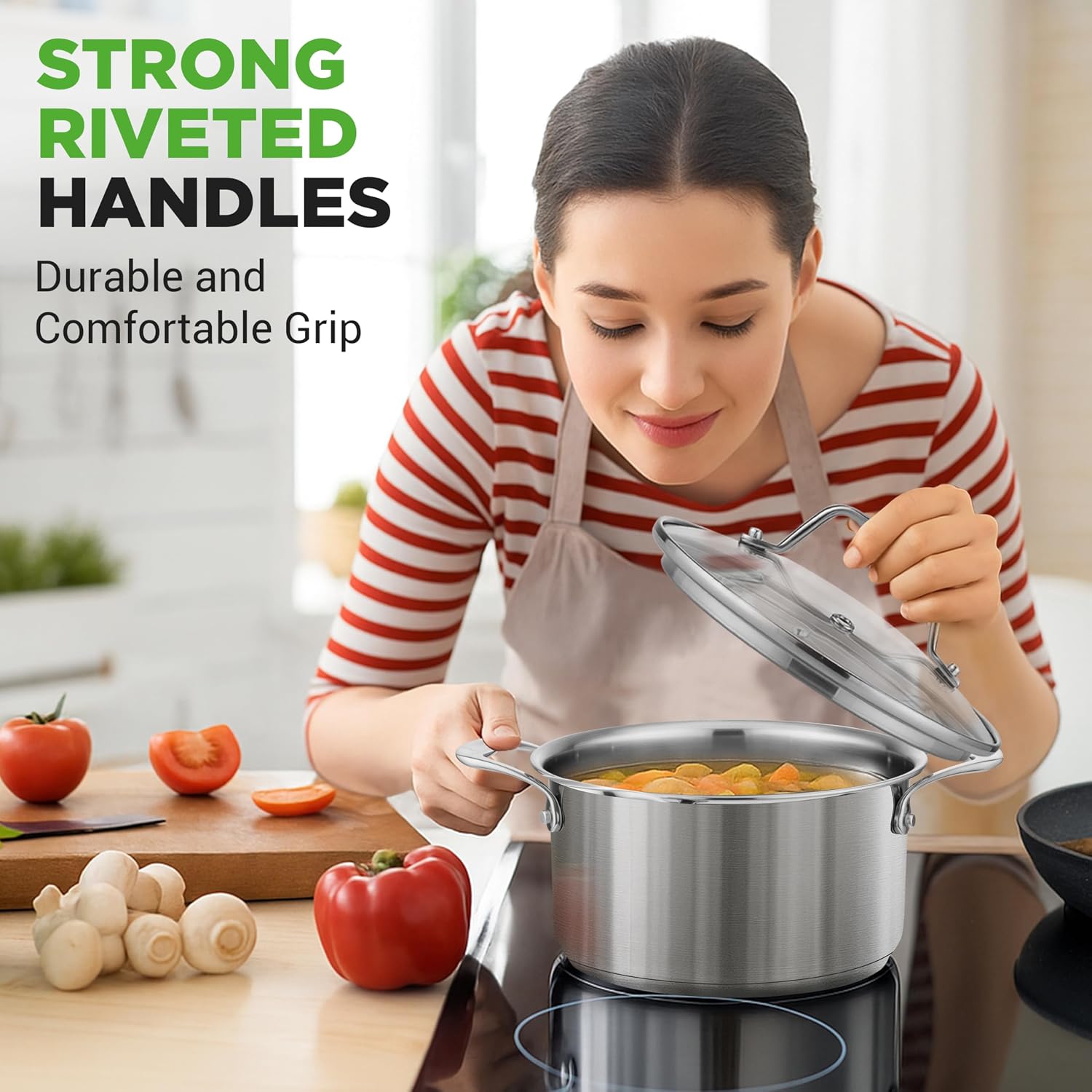 NutriChef 3-Quart Stainless Steel Soup Pot - 18/8 Food Grade Heavy Duty Cookware, Stock Pot, Stew Pot, Simmering Pot Kitchenware w/See Through Lid, Dishwasher Safe, For Induction Gas Ceramic Cooktops - Image 4