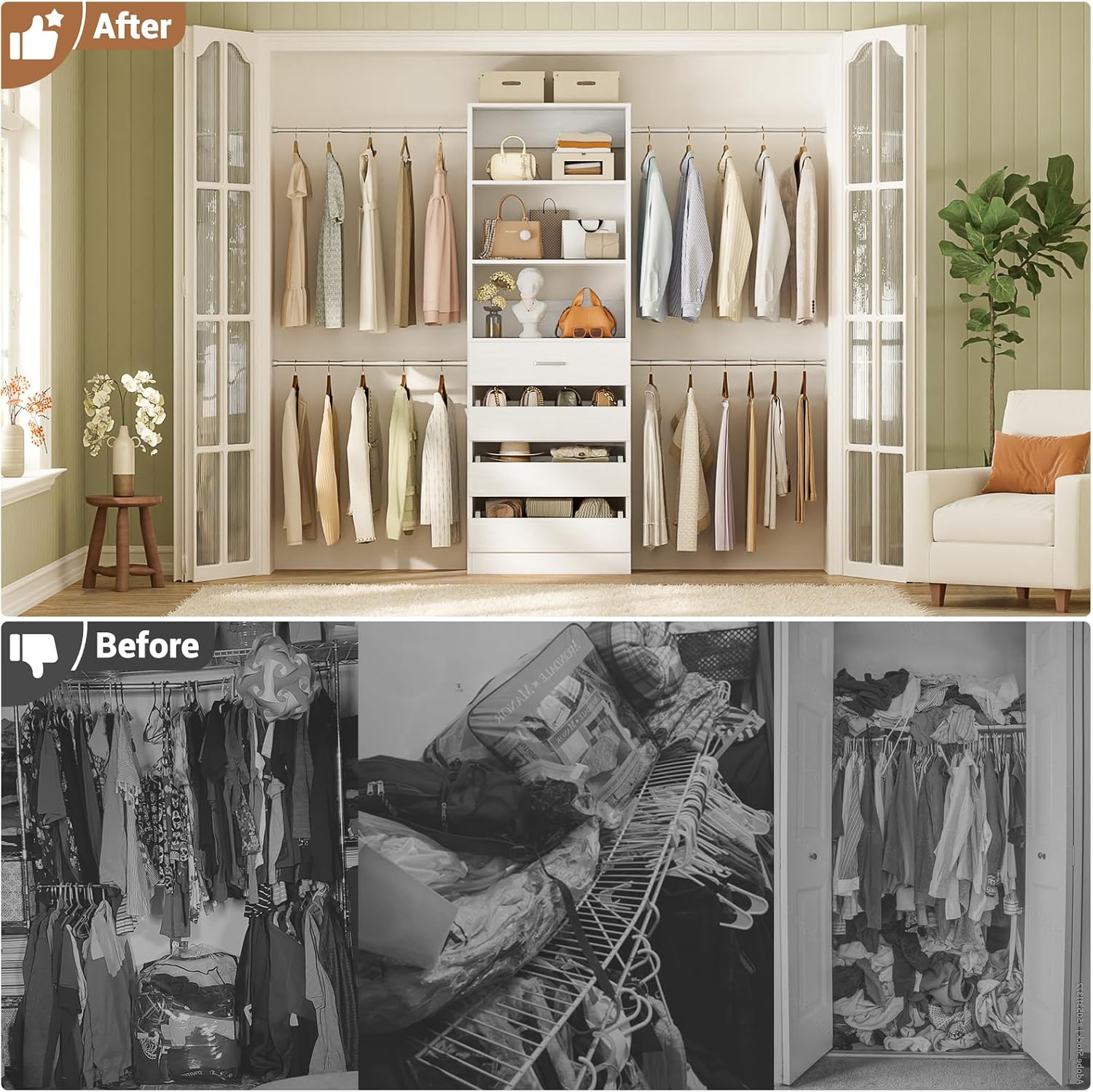Aheaplus Closet System, 4-9Ft Closet Organizer with 4 Wooden Drawers, White - Image 6