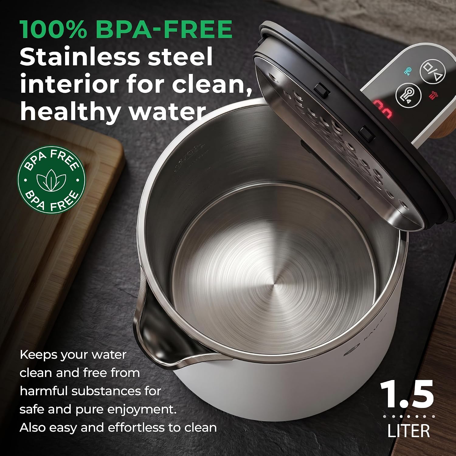 BALTER Electric Kettle with Temperature control, 113 °F – 212 °F, Tea pot, Stainless steel, double wall water kettle, BPA-free, quiet tea kettle, 1.5 L, 2200 W, White - Image 3