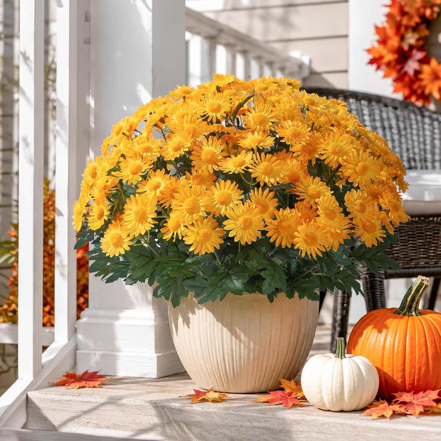 HyeFlora Artificial Fall Faux Mums Flowers Outdoor Plants for Decoration, 6 Bundles Fake Silk Yellow Gerbera Daisy Flowers UV Resistant Look Real for Planter Outside Front Door Porch Patio Balcony - Image 7