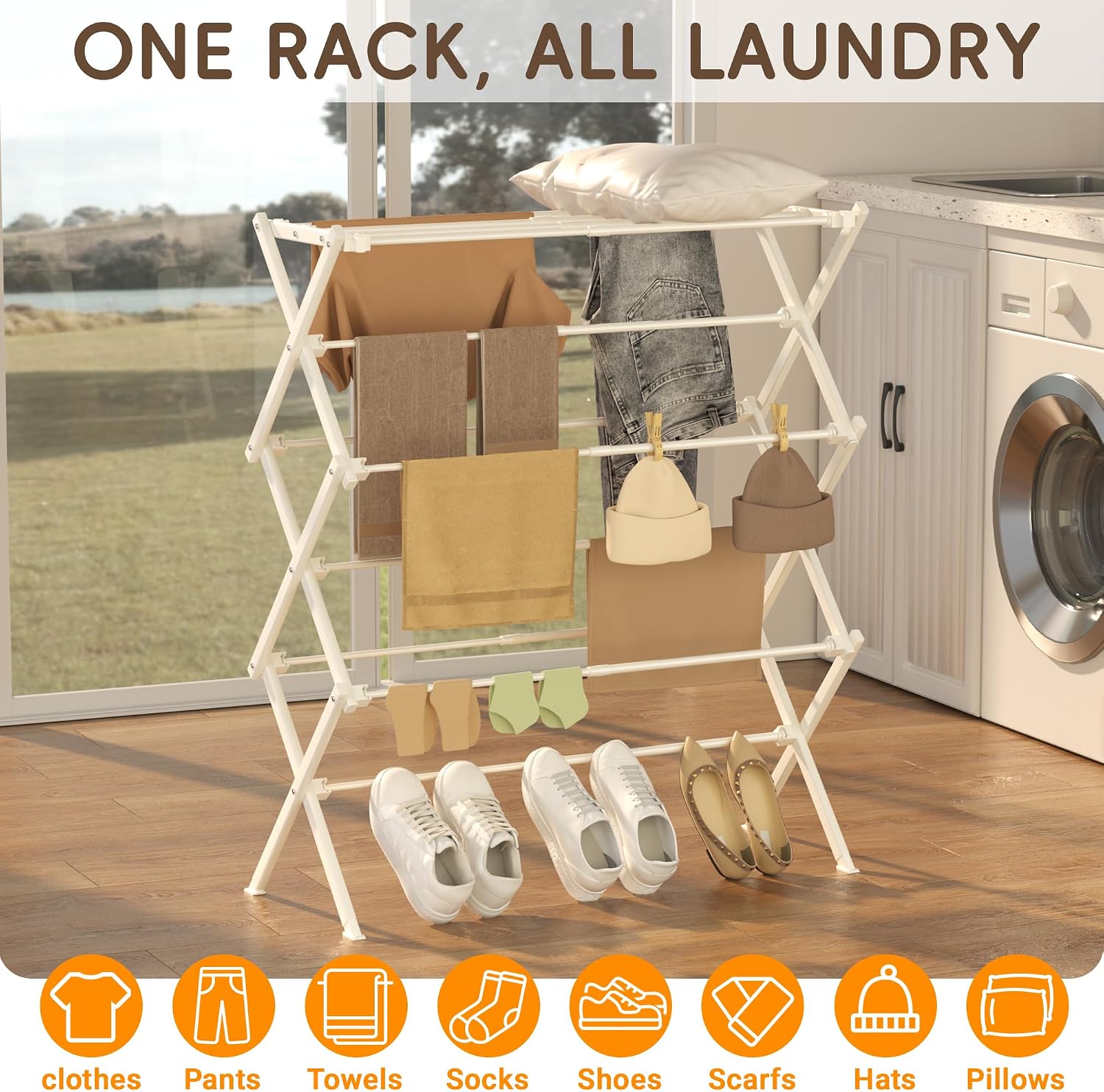 Foldable Clothes Drying Rack, Reinforced Joints, White - Image 8