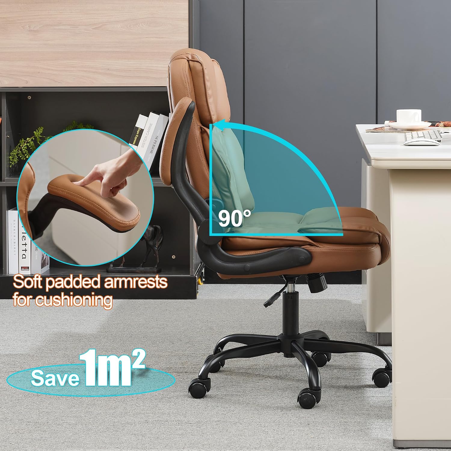 Office Desk Chair,Mid Back Executive Leather Chair,Ergonomic Home Computer Chair,Modern Conference Room Chairs with Adjustable Flip-Up Arms and Rocking Function (Brown) - Image 3