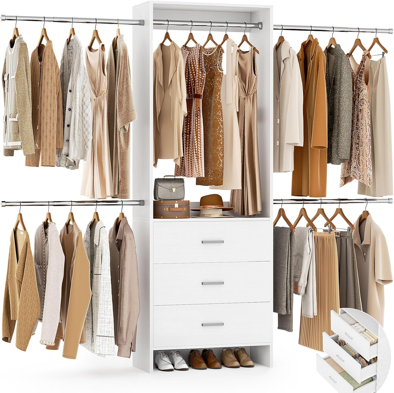 Aheaplus Closet System, 4.2-9Ft Closet Organizer with with 4 Rods, White