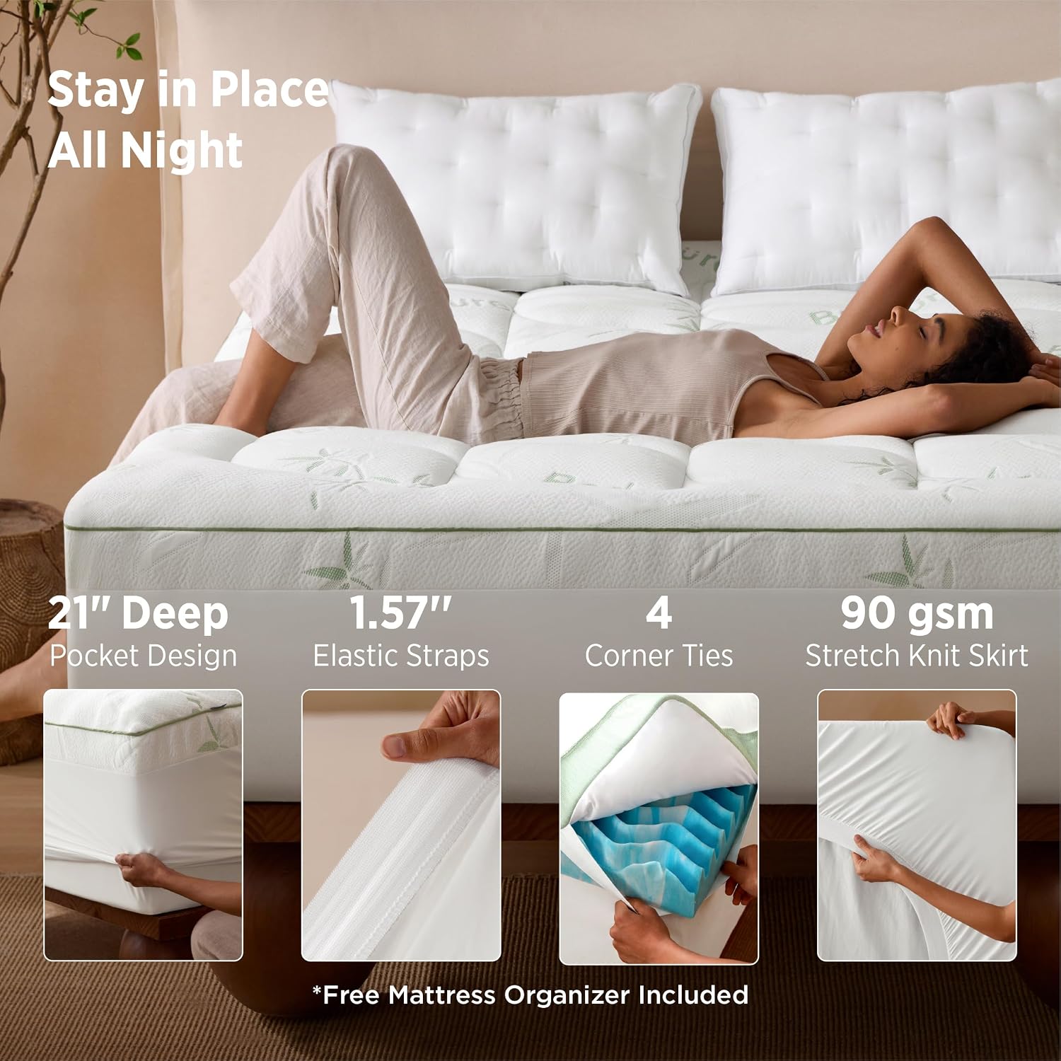 Bedsure 2-in-1 Mattress Topper, 5 Inch Memory Foam Mattress Topper Queen, 3 Inch Memory Foam + 2 Inch Viscose Made from Bamboo Mattress Topper Pad Cover, Flippable Memory Foam with Dual Comfort, White - Image 5