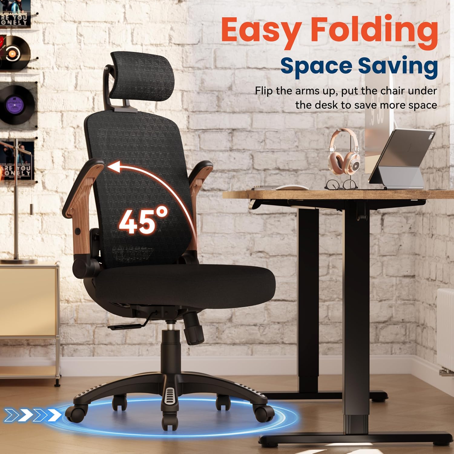 GABRYLLY Ergonomic Office Chair, High Back Home Desk Chair with Flip-Up Arms, 3D Headrest, Thick Sponge Seat &90-120° Recline, Big and Tall Mesh Executive Chairs for Man Woman, Black Woodgrain - Image 7