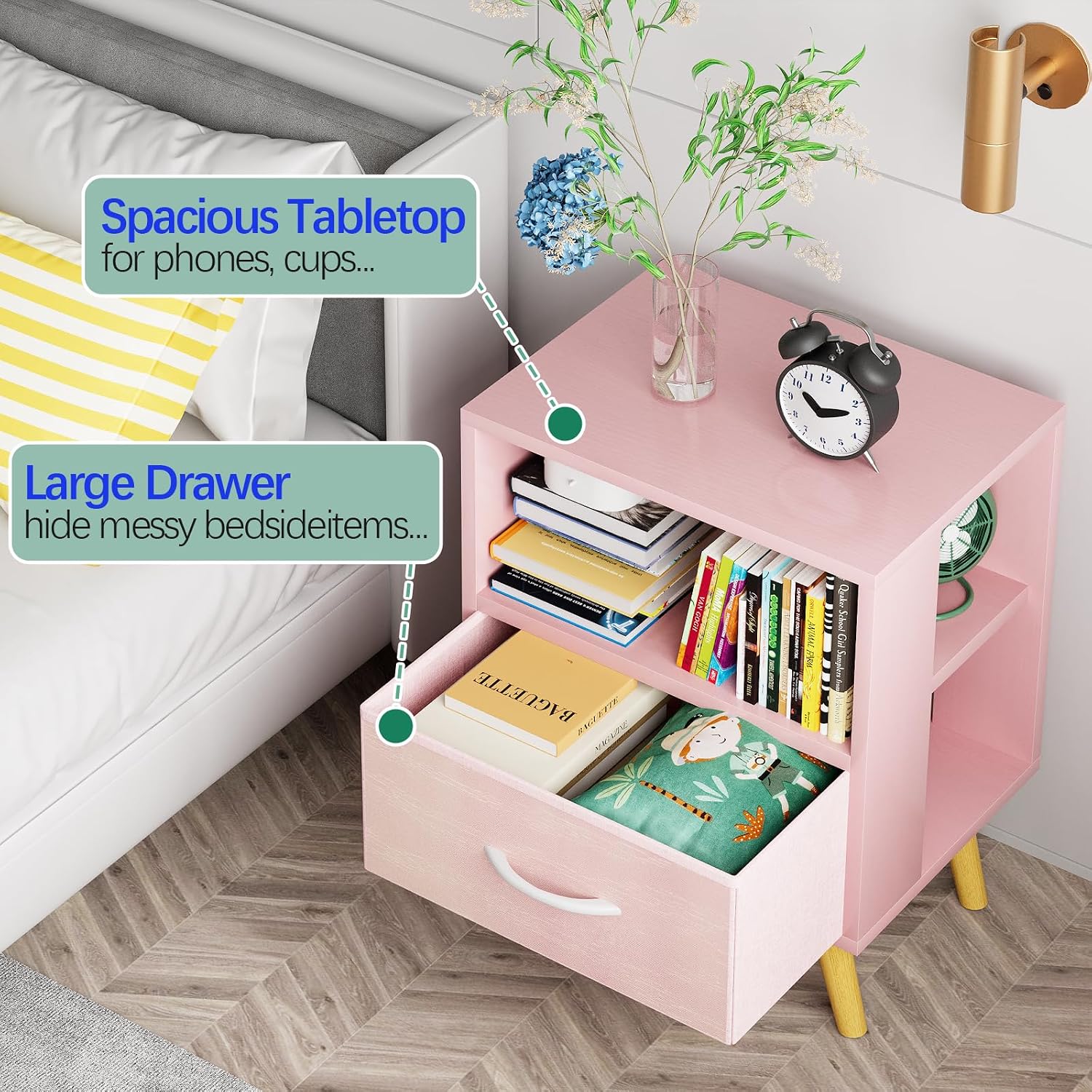 Aenuert Night Stand, Pink Kids Nightstand with Drawer, Nursery Side Table with Open Storage, 2-Tier Modern End Table, Bedside Table for Small Space, Living Room, Bedroom - Image 6