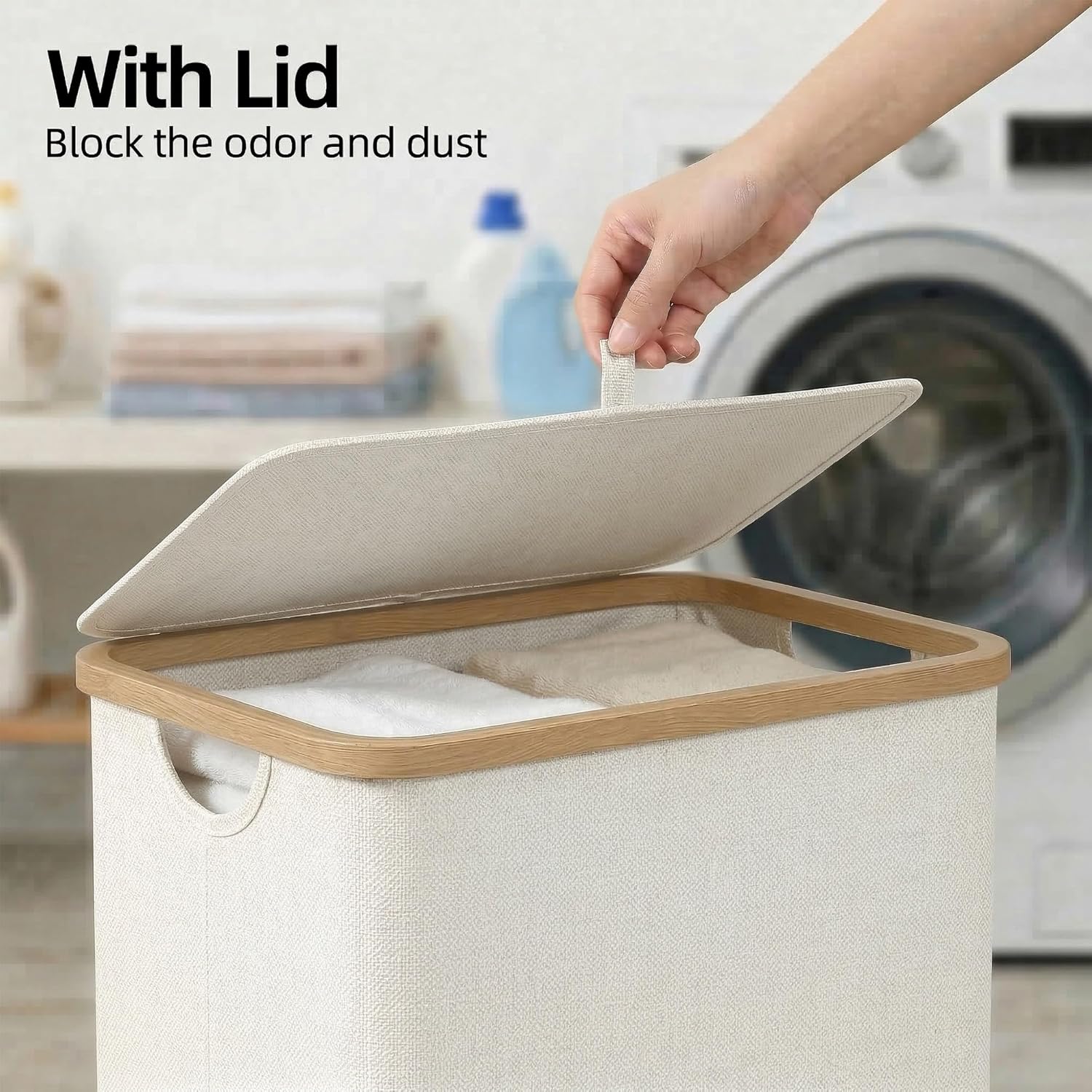 efluky Slim Laundry Basket with Lid, Narrow Laundry Hamper with Removable Bag, Skinny Dirty Clothes Basket with Bamboo Handles for Bathroom, Bedroom & Laundry Room, 75L Beige - Image 4