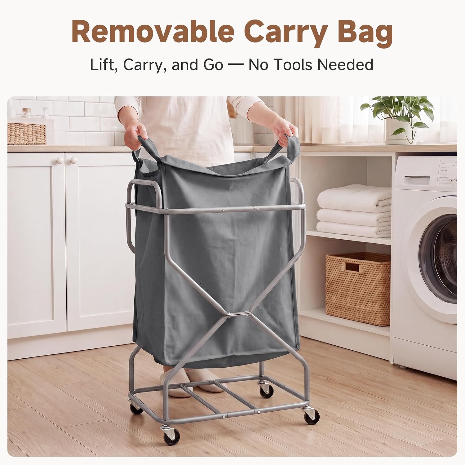 StorageWorks Laundry Basket, Rolling Hamper with Removable Bag, Grey, 120L - Image 5