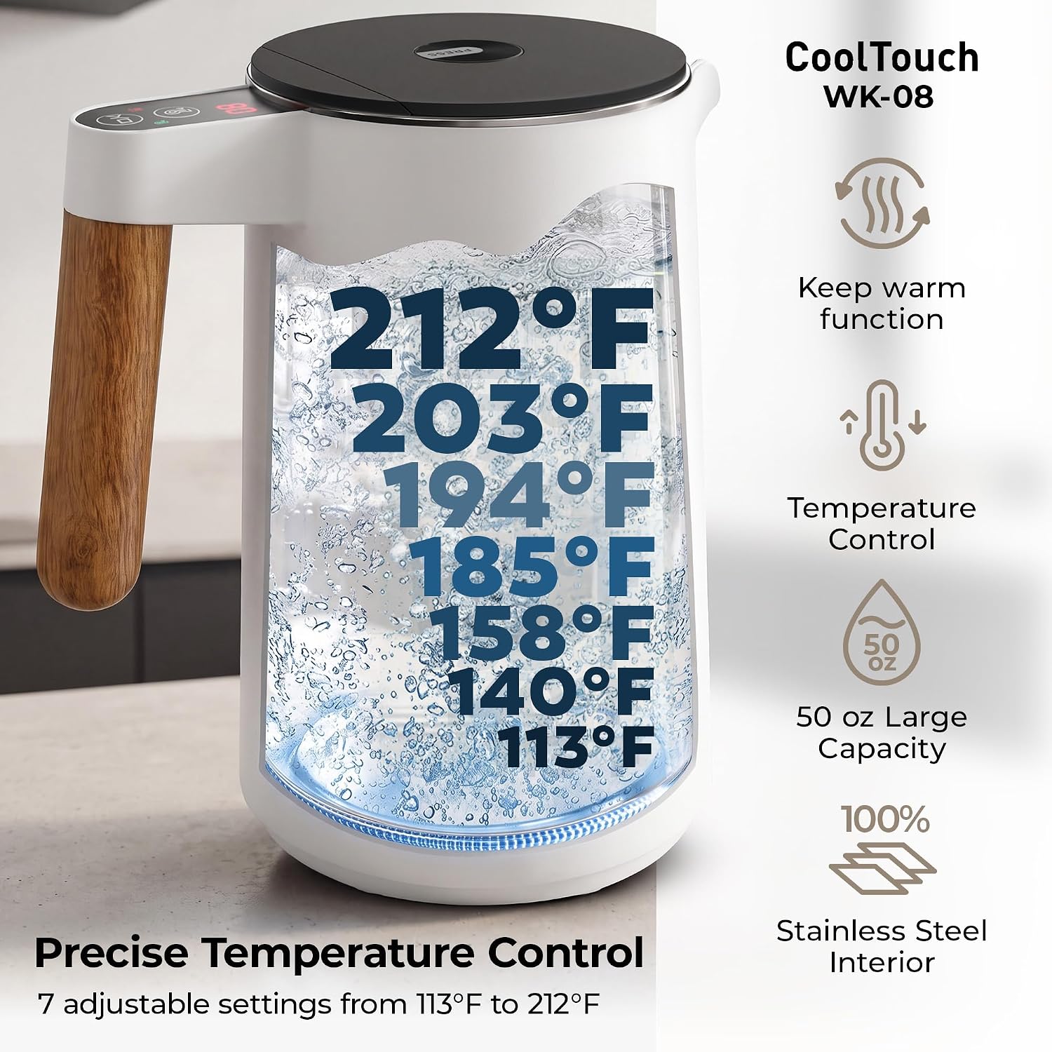 BALTER Electric Kettle with Temperature control, 113 °F – 212 °F, Tea pot, Stainless steel, double wall water kettle, BPA-free, quiet tea kettle, 1.5 L, 2200 W, White - Image 6