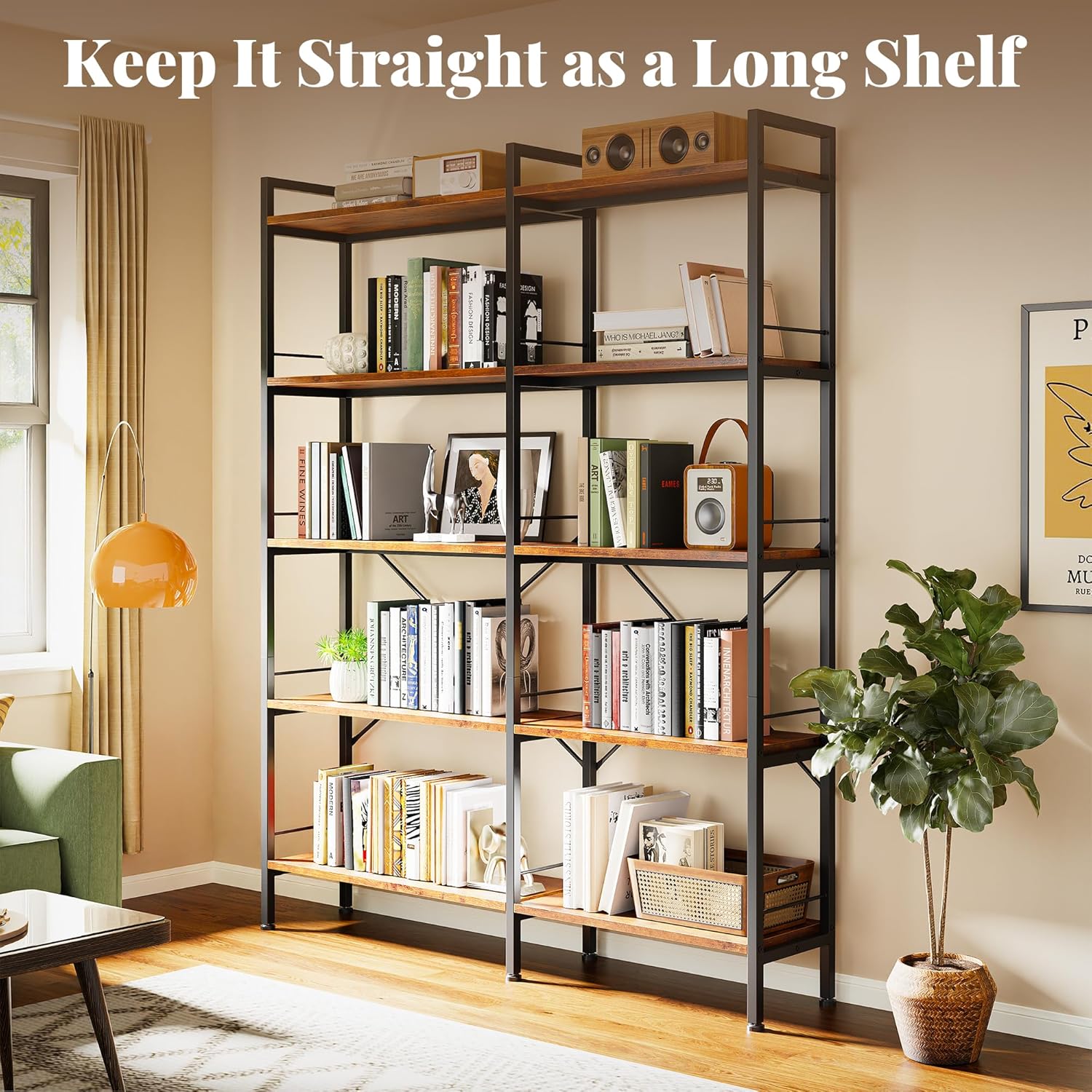 Huuger 5 Tier Bookshelf, L Shaped Corner Bookshelf with 10 Open Shelves, 49.4 Inch Straight Wide Bookcase with Metal Frame and Wooden Board, Adjustable Feet, Rustic Brown - Image 4