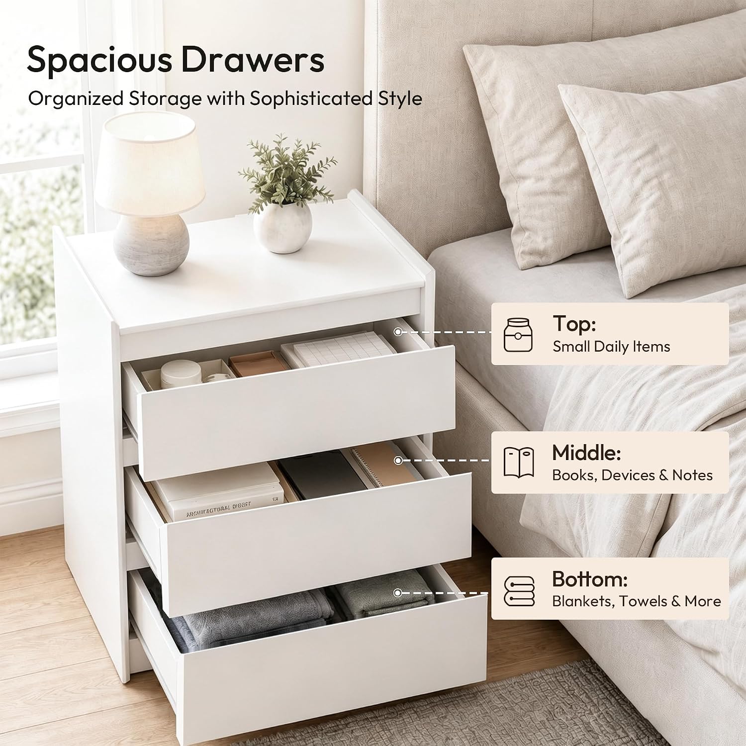 White Nightstand with Charging Station, 24" H, 3-Drawer Storage - Image 5