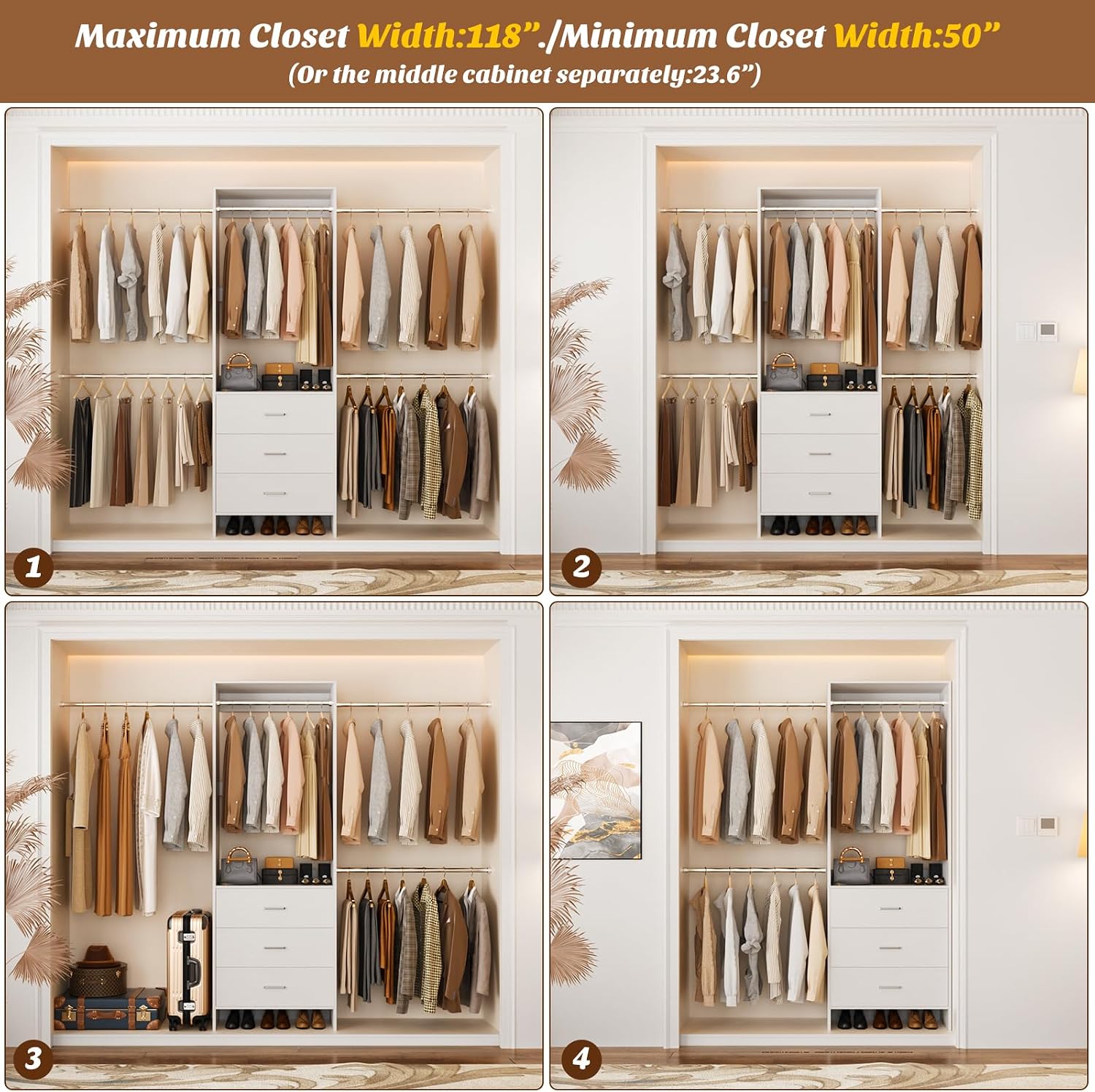 Aheaplus Closet System, 4.2-9Ft Closet Organizer with with 4 Rods, White - Image 5