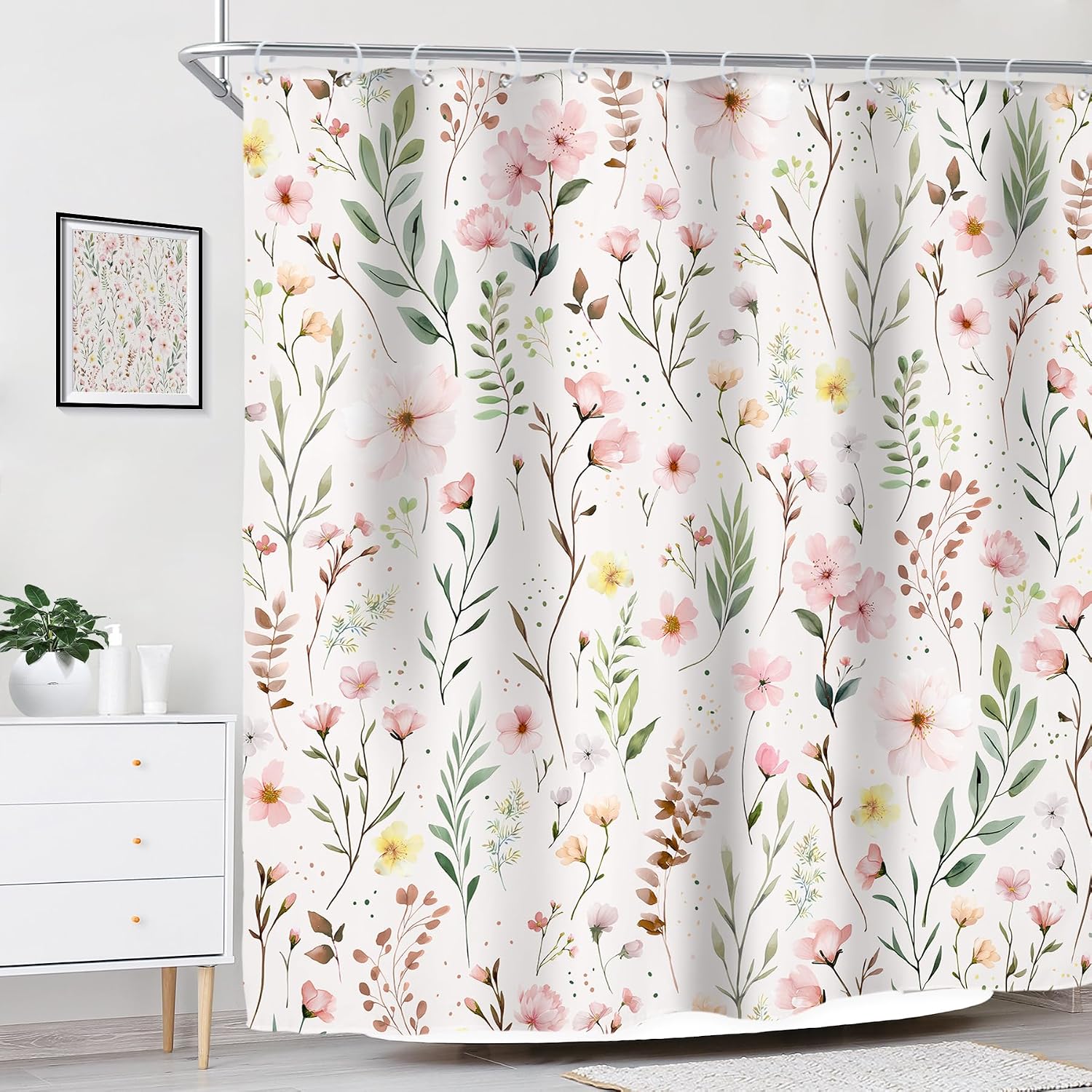 Pink Floral Flower Leaves Spring Botanical Bathroom Shower Curtain Set - Image 3