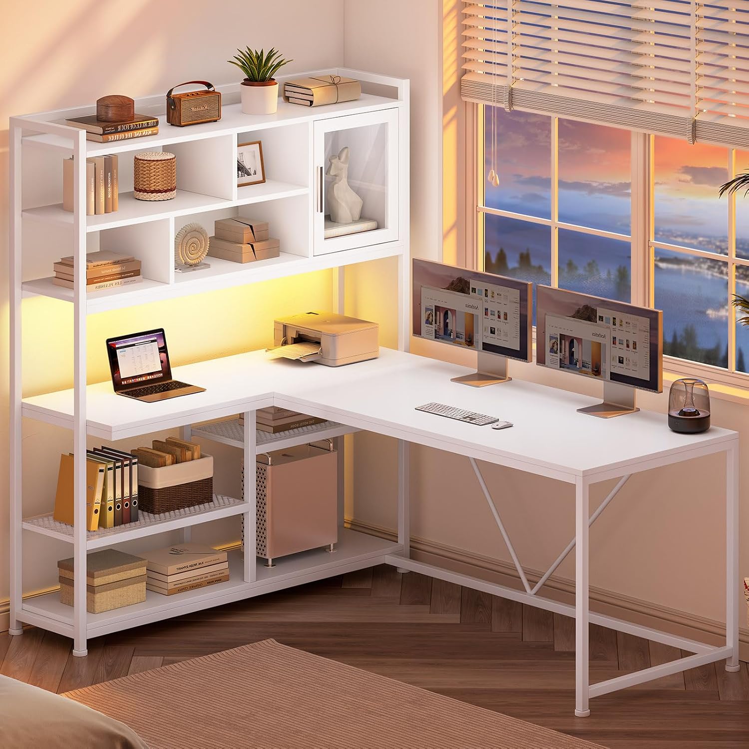 SEDETA L Shaped Computer Desk with Storage Shelves and Bookshelf, White - Image 3