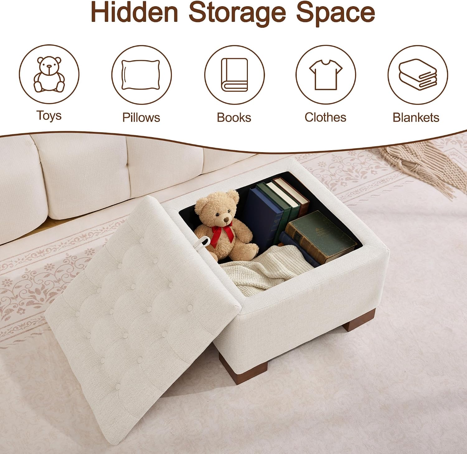 WUTUTUEE 24" Square Fabric Storage Ottoman with Wooden Tray Top, Modern Tufted Button Upholstered Footstool Coffee Table, Multifunctional Small Storage Ottoman for Living Room Bedroom, Beige - Image 7