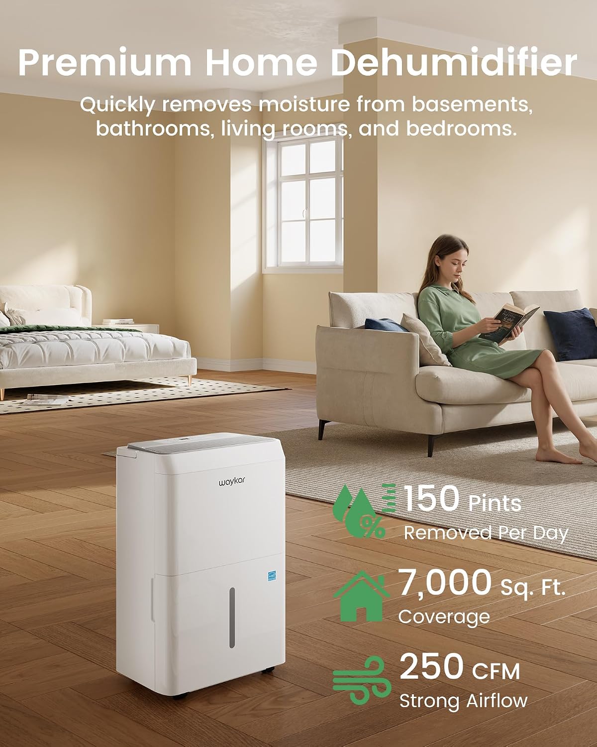 Waykar 150 Pint 2025 Energy Star Dehumidifier with Pump for Large Rooms up to 7,000 Sq. Ft. for Home, Basement, Commercial, Industrial, with Drain Hose & Tank, Auto Defrost, Smart Auto Comfort Mode - Image 2