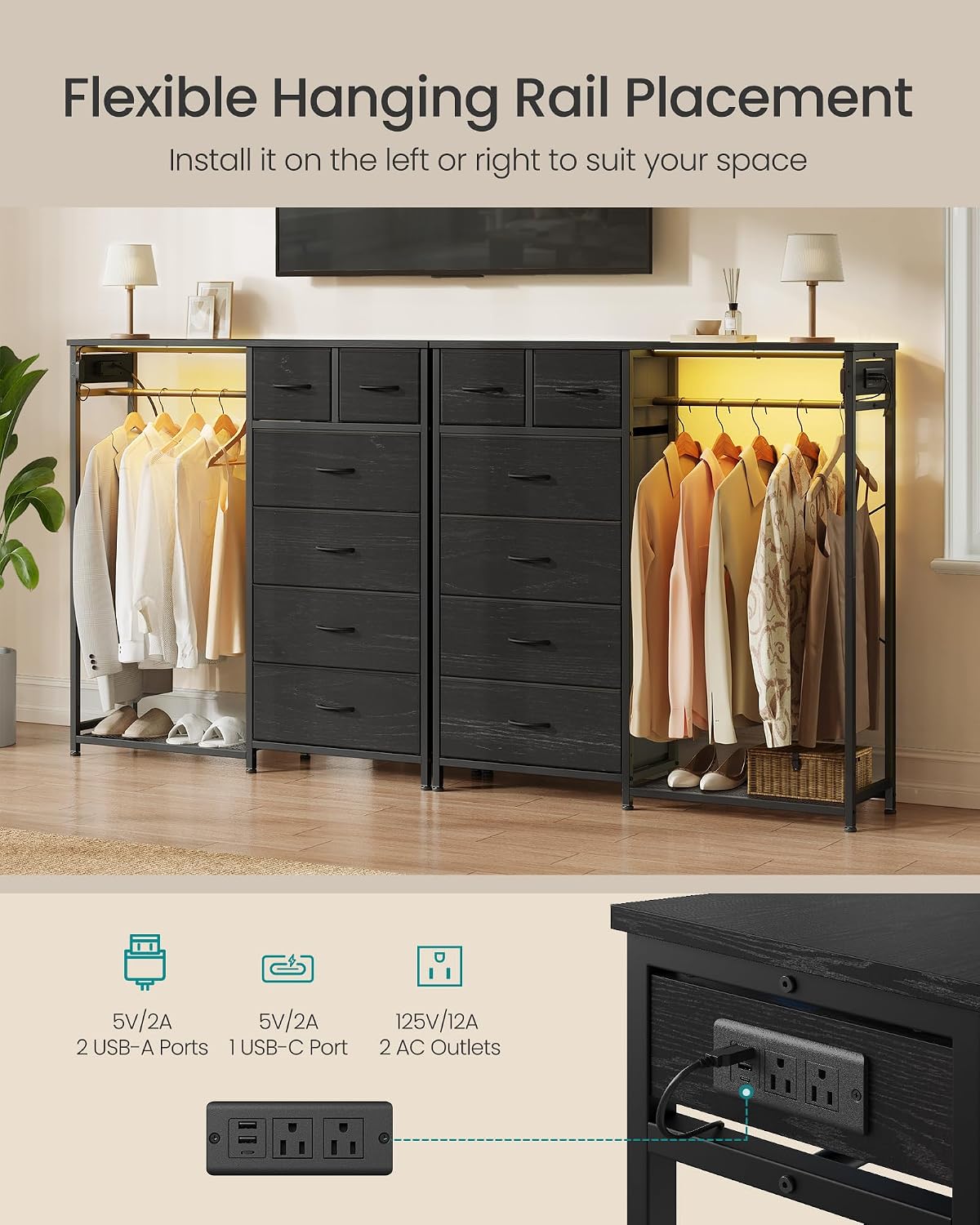 SONGMICS Dresser with Hanging Rod, Closet Organizer with 6 Fabric Drawers - Image 5