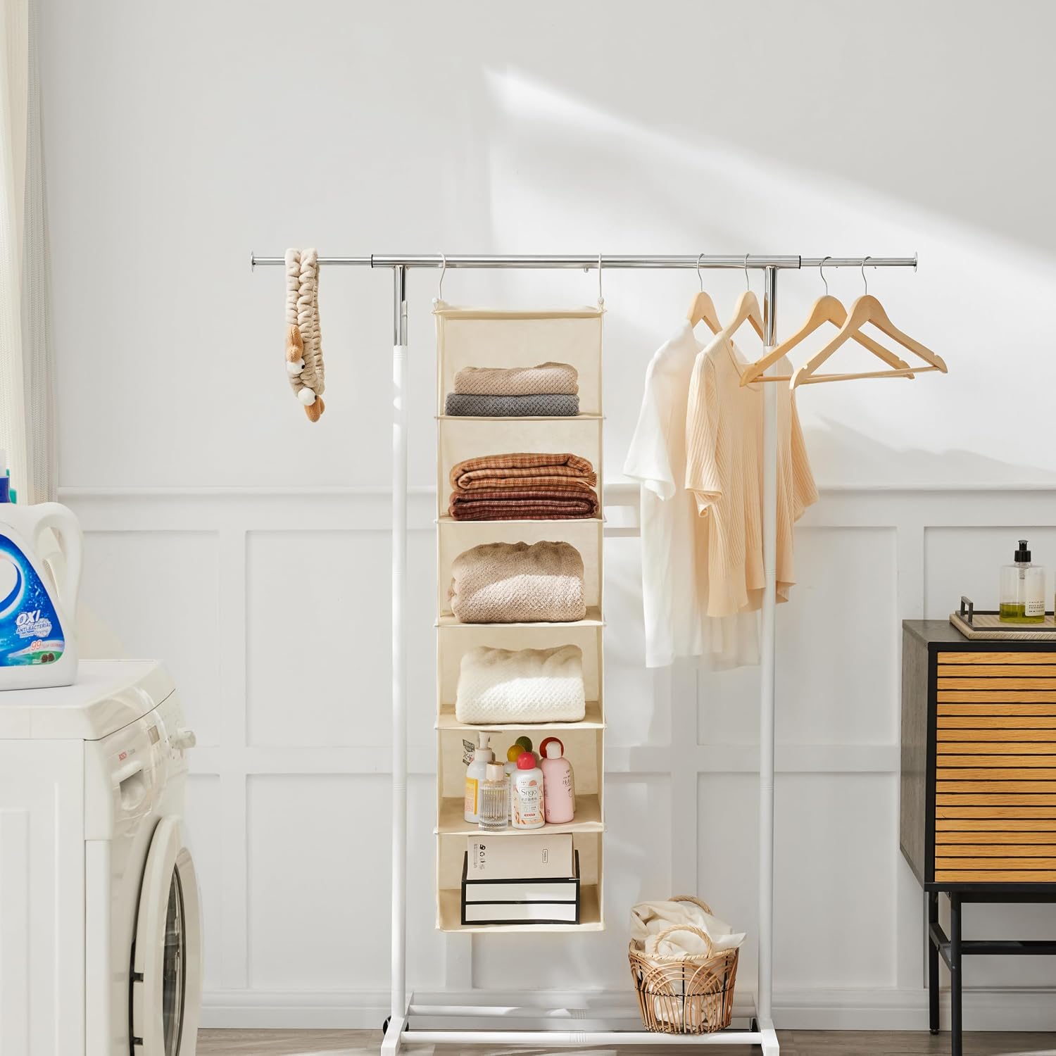 MAX Houser 6 Tier Shelf Hanging Closet Organizer with 2 Hooks, Beige - Image 7