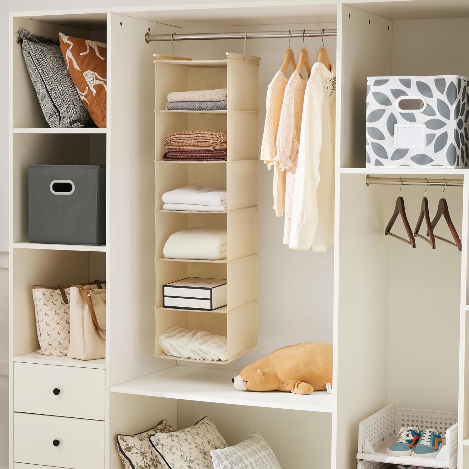 MAX Houser 6 Tier Shelf Hanging Closet Organizer with 2 Hooks, Beige - Image 5