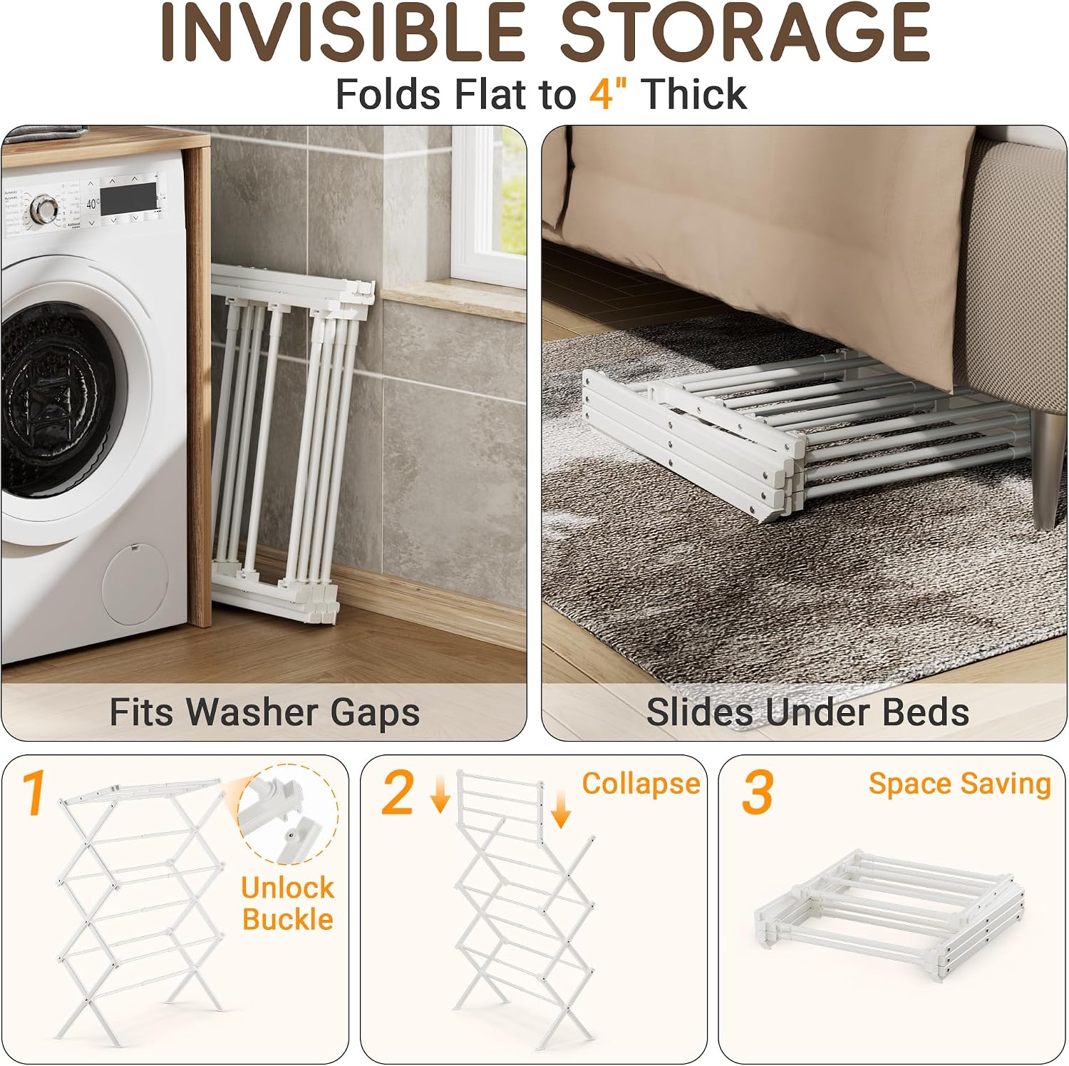 Foldable Clothes Drying Rack, Reinforced Joints, White - Image 3